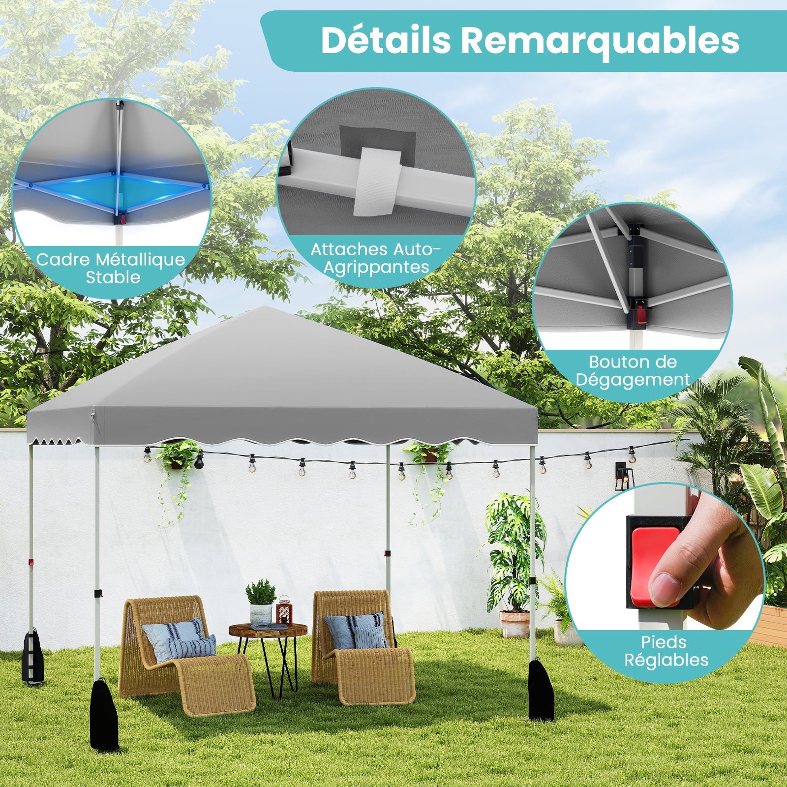 Carpa Plegable 3x3 m Impermeable, Cenador Jardin con Bolsa de Transporte sobre Ruedas, Altura Ajustable, Pergola Exterior con 4 Sacos de Arena (Gris) - 7