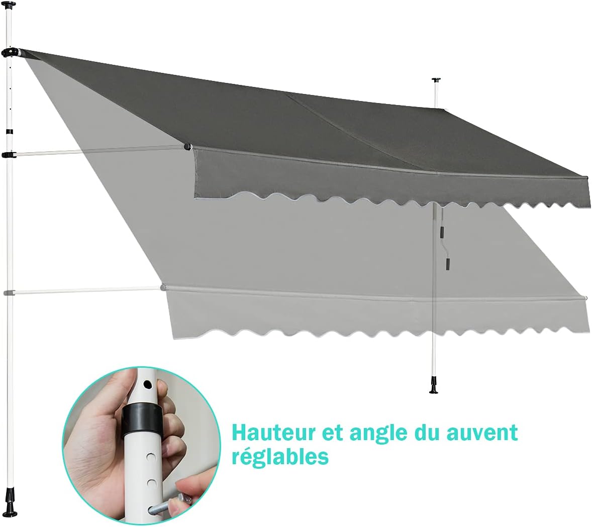 Store Banne Manuel Rétractable, Auvent Balcon Terrasse Rétractable sans Percage, Hauteur Réglable 2-3M, 3,5x1,75M, Gris - 6