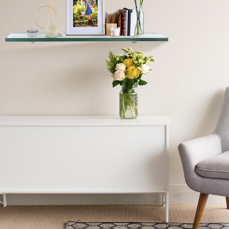 Etagère murale verre Transparent 40 x 10 cm 8 mm, Étagère pour Salle de Bain en Verre Trempé et Aluminium Étagère d'angle - 5