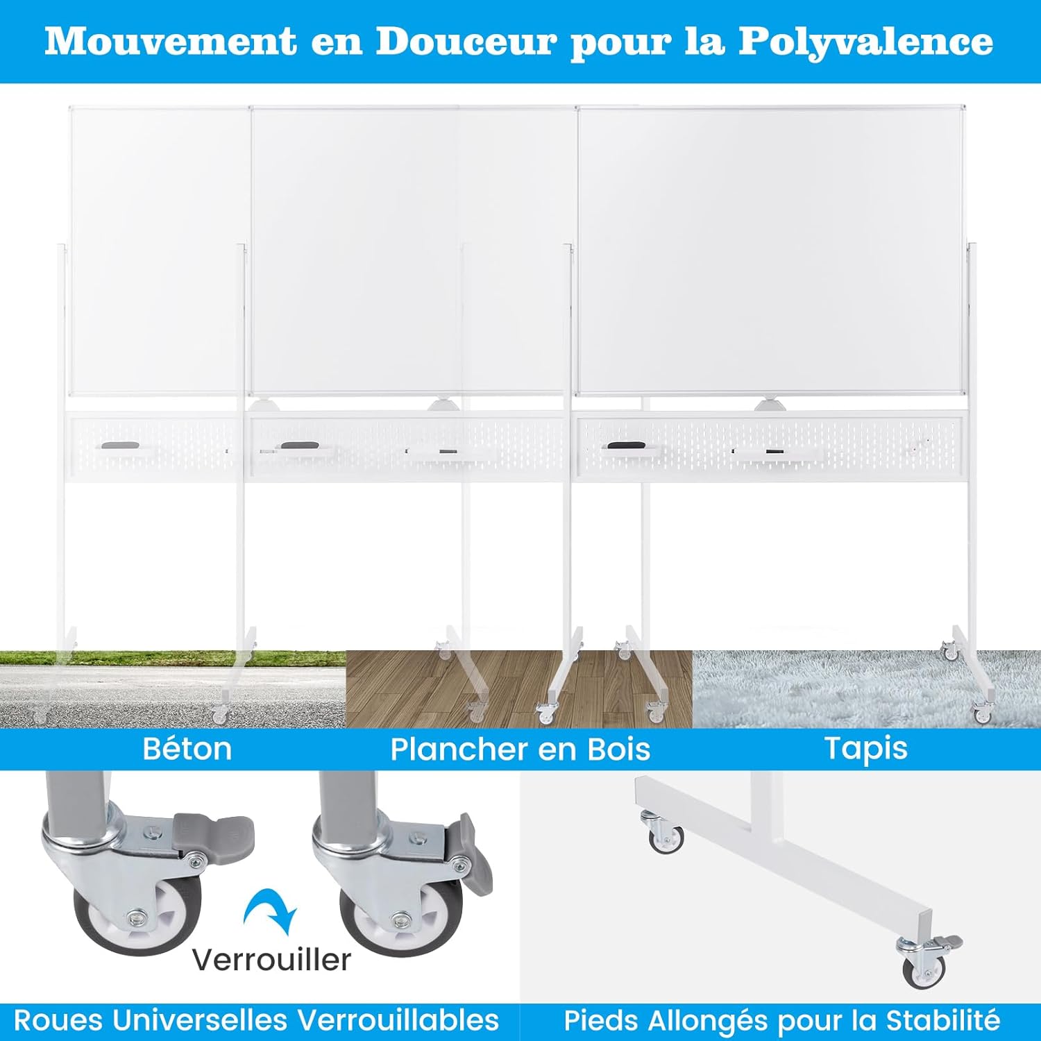 Tableau Blanc Effacable sur Pied 120 x 90 cm, Double Face, Tableau Blanc Roulette, 2 Hauteur Réglables, Cadre en Métal,Panneau Perforé (Blanc) - 7