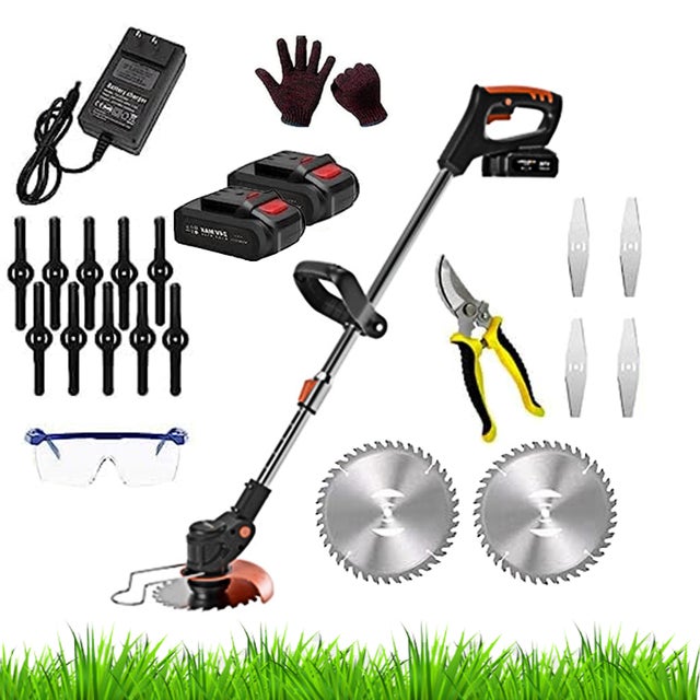 Decespugliatore A Batteria Tagliabordi Elettrico Asta Regolabile Senza Fili Con Lame Metalliche 2 Batterie Testa Regolabile a 90 Con Occhiali E Guanti