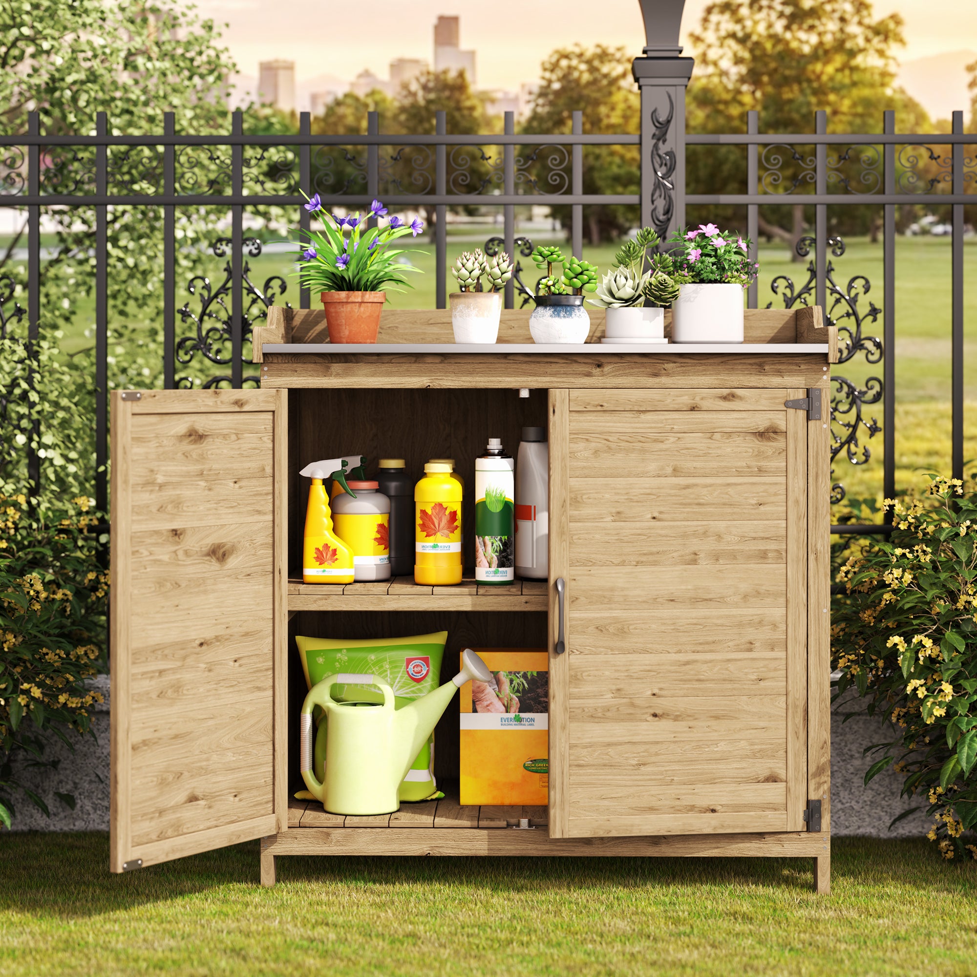 Table de Rempotage Bealife Placard de Rangement Extérieur Bois Sapin Table Jardinage Plateau Métal 2 Portes 2 Étagères - 4