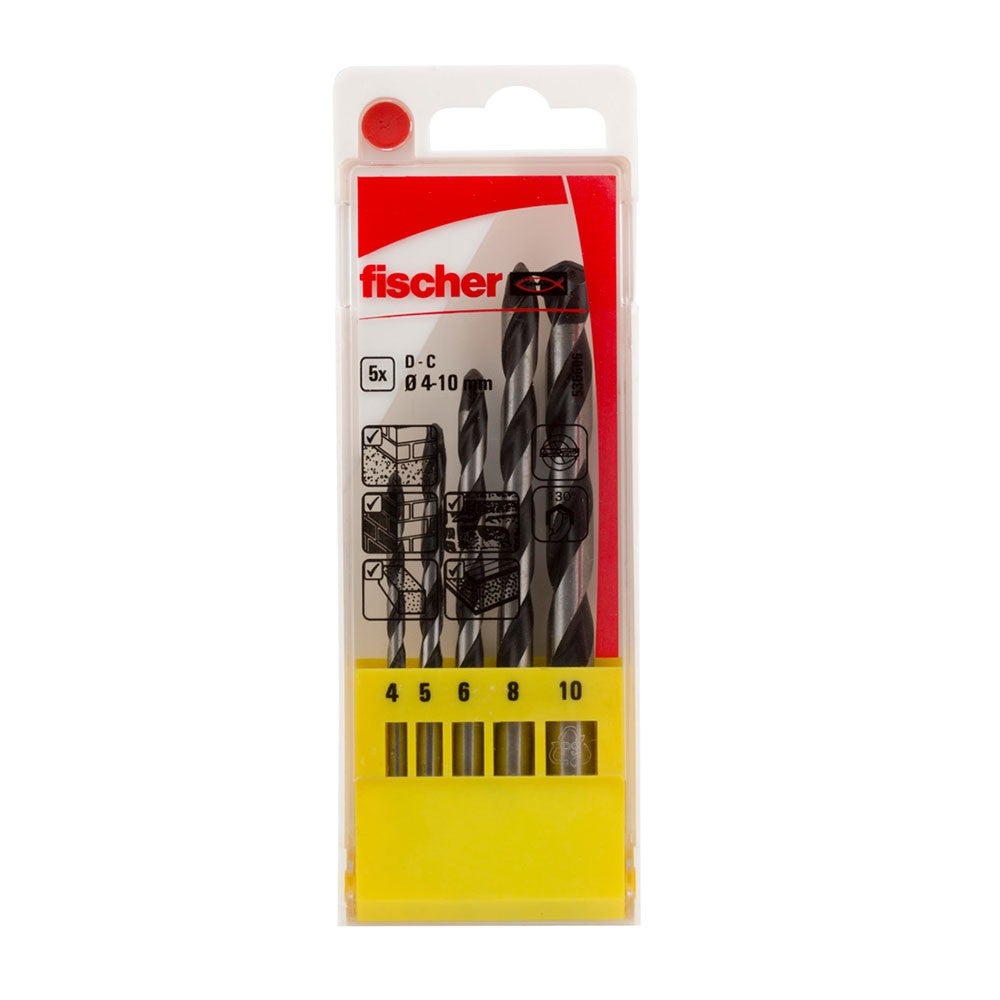 Fischer Set Punte Trapano D-C Professionali da Muro SDX, Misure 4-5-6-8-10 mm, Punta al Carburo per Muro Pieno e Mattoni Forati, 536606