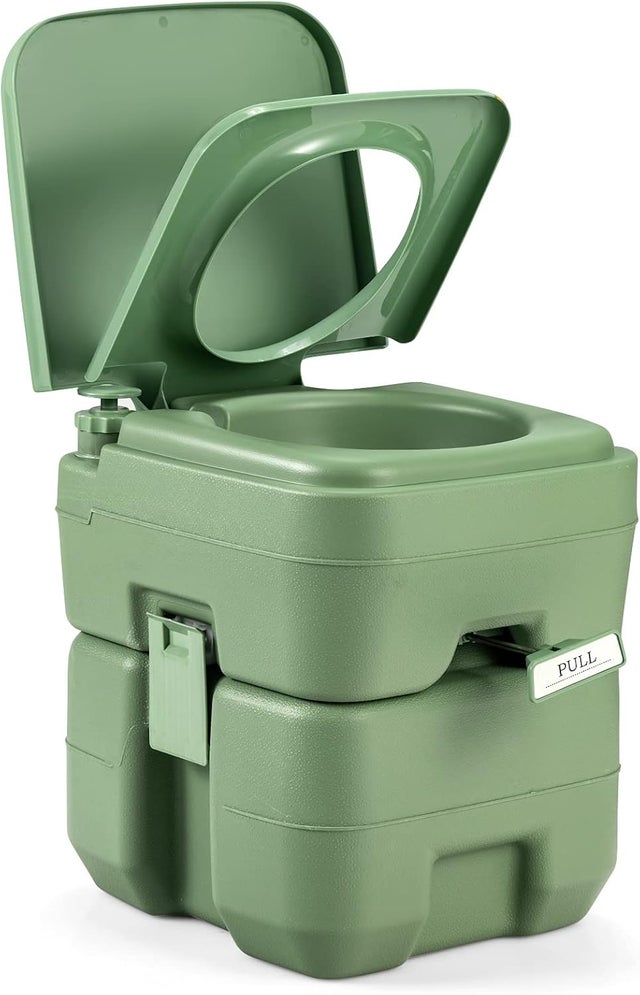 Toaleta kempingowa 20 l + 12 l ze zdejmowanym zbiornikiem na ścieki, na kemping, do przyczepy kempingowej (zielona) Stolik pomocniczy,