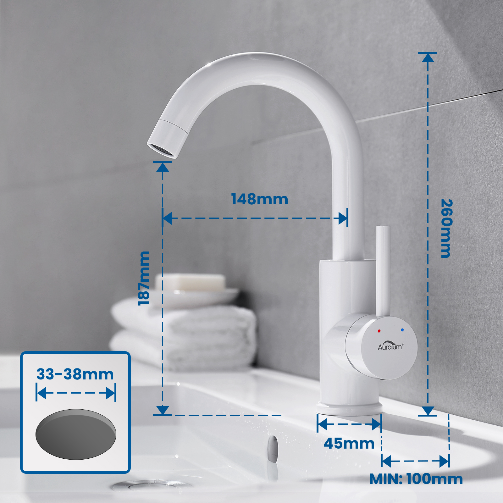 Robinet Lavabo Rotation à 360° Robinet Salle Bain Laiton Blanc Mitigeur Lavabo Eau Froide/Chaude Robinetterie pour Salle Bain - 8