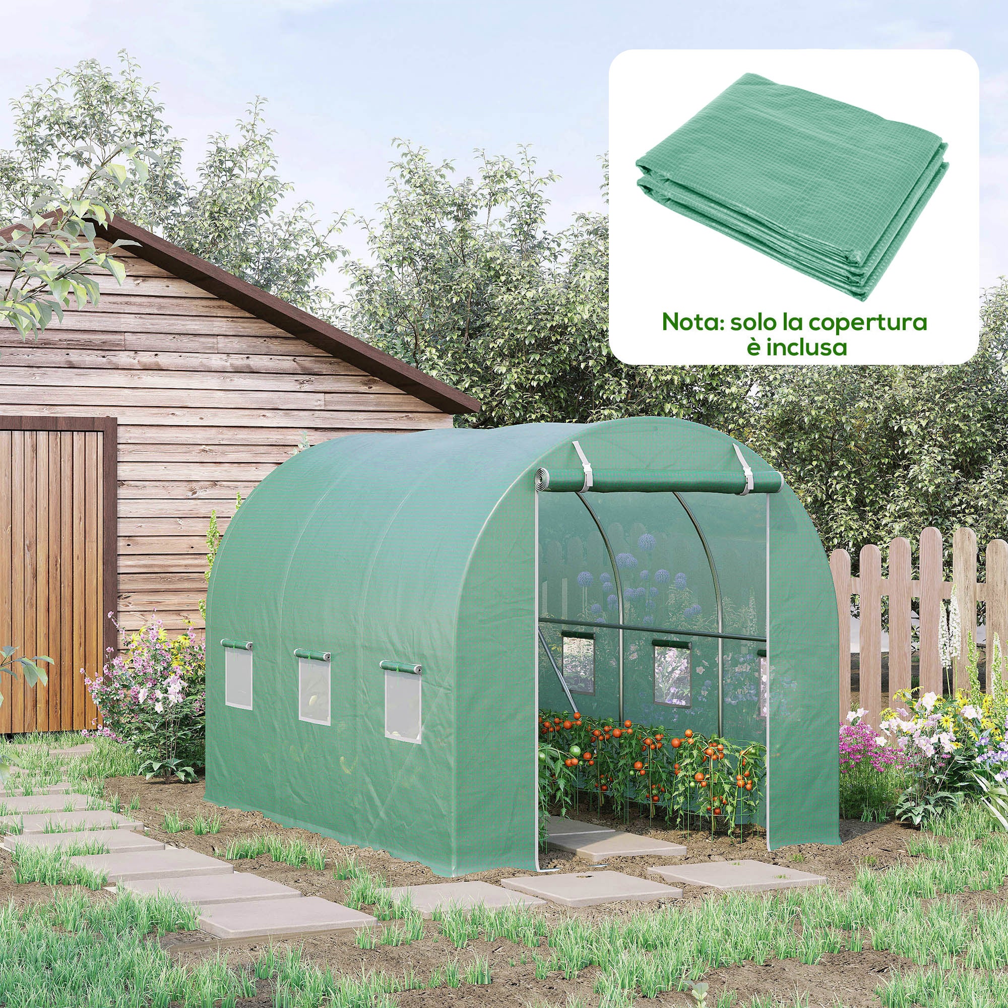 Bâche de serre PE avec 6 fenêtres, porte enroulable et bords enterrés, 3 x 2 x 2 m, verte - 2