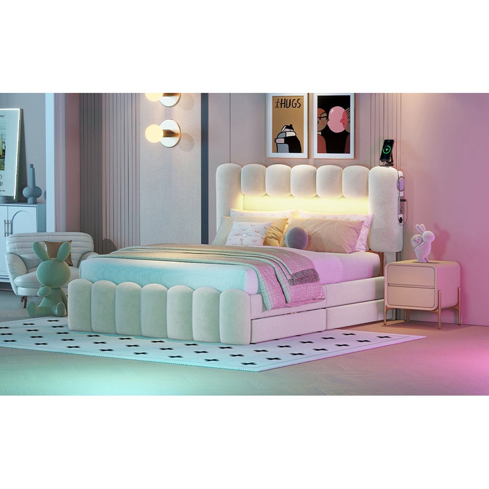 Lit adulte 140 x 200cm Lit rembourré Lit avec 4 tiroirs avec barre lumineuse LED et USB et chaîne stéréo Beige - 3