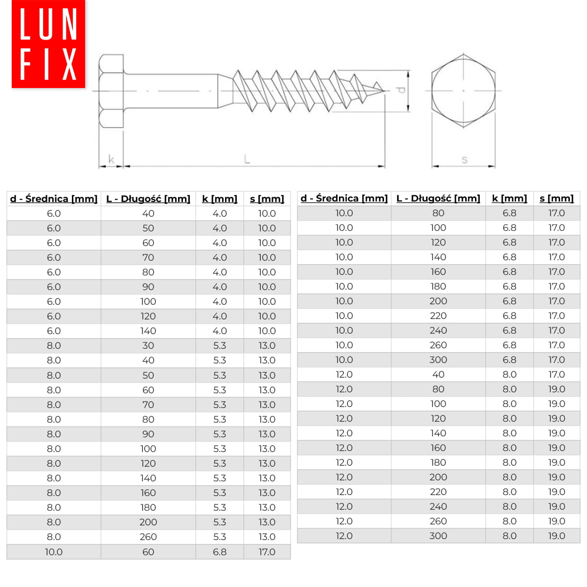 Wkręty ciesielskie z łbem sześciokątnym DIN571mm M6x80mm 50szt. - 2