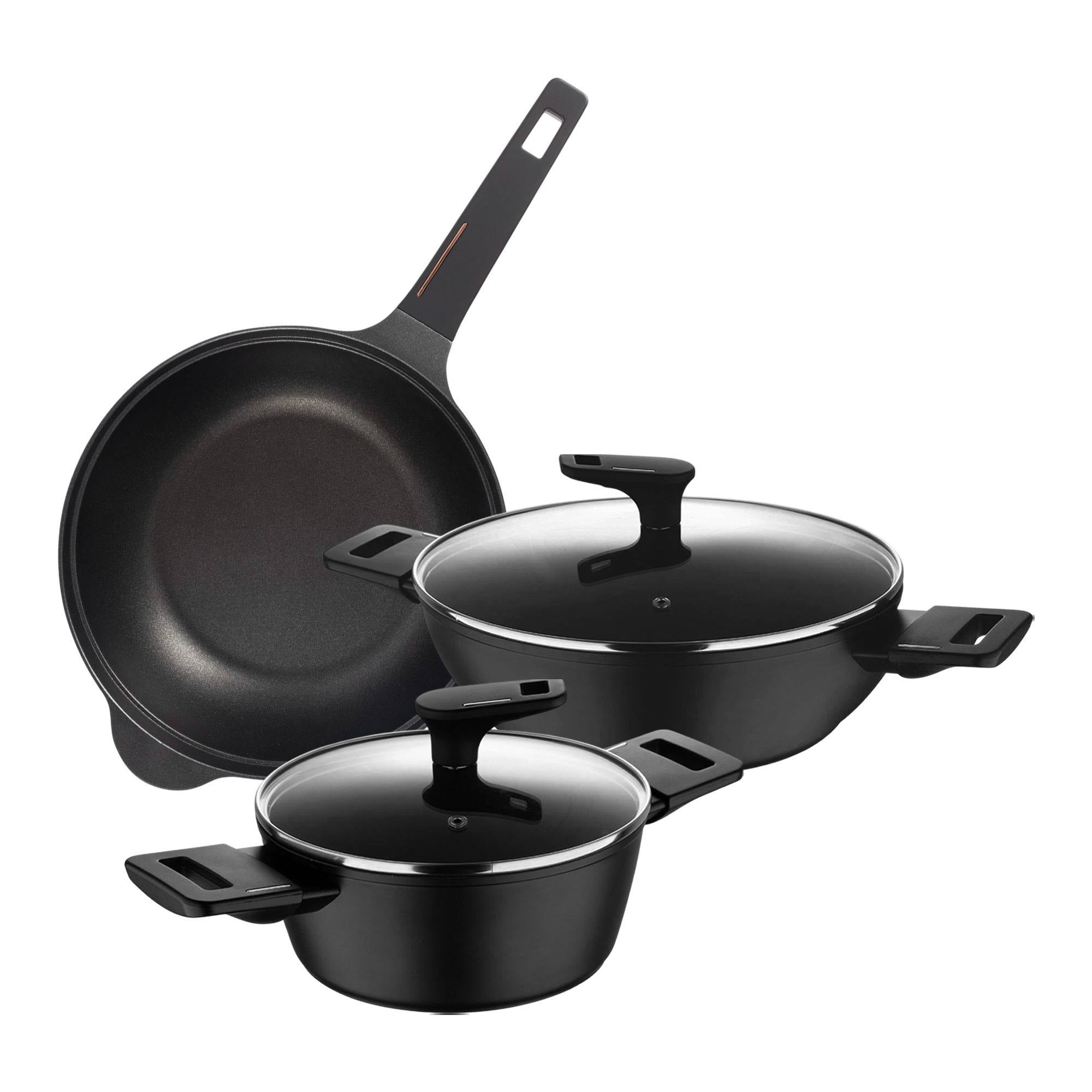 Juego de 2 cacerolas bajas ø20cm (2,2l) + ø28cm (4,2l) con tapas en aluminio forjado + wok de ø30cm en aluminio fundido copper bergner