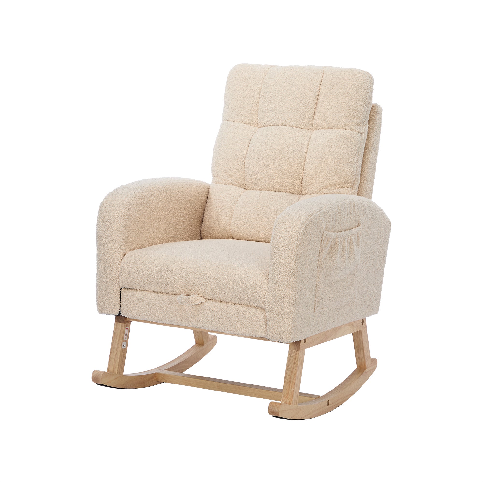 Fauteuil à bascule en velours teddy avec repose-pièds et accoudoirs - 132 x 50 x 99 cm - Structure en bois massif - Beige - 4