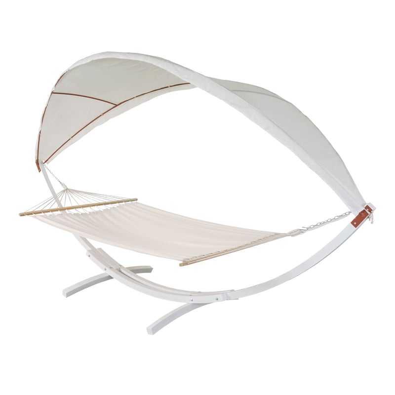 Hamak HWC-J47, huśtawka wisząca do 200 kg, daszek przeciwsłoneczny MVG, drewniana rama 420 cm, 2 osoby ~ biały, kremowo-biały