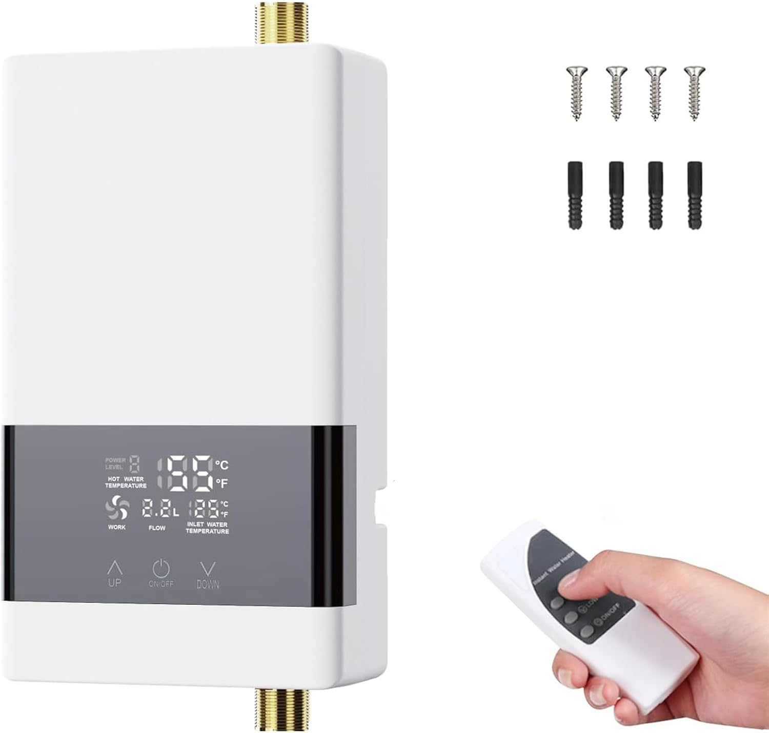 Podgrzewacz wody elektryczny przepływowy, regulowana temperatura, ekran dotykowy LCD, odpowiedni do kuchni i łazienki, biały