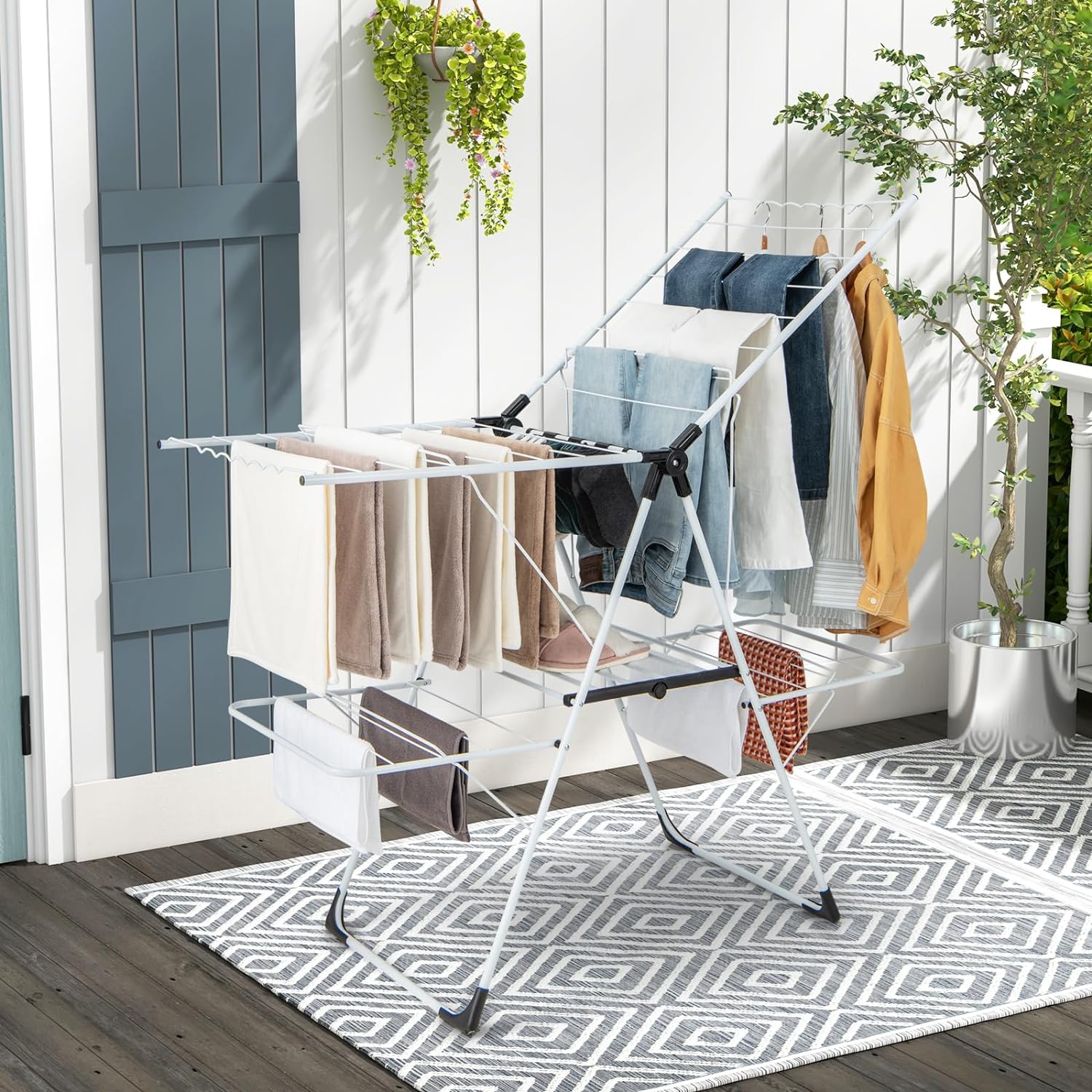 Etendoir Linge Interieur Pliable, Sechoir a Linge 2 Niveaux en Métal, 33 Barres, 4 Ailes Réglables, Pinces à Chaussettes, Intérieur Extérieur - 2