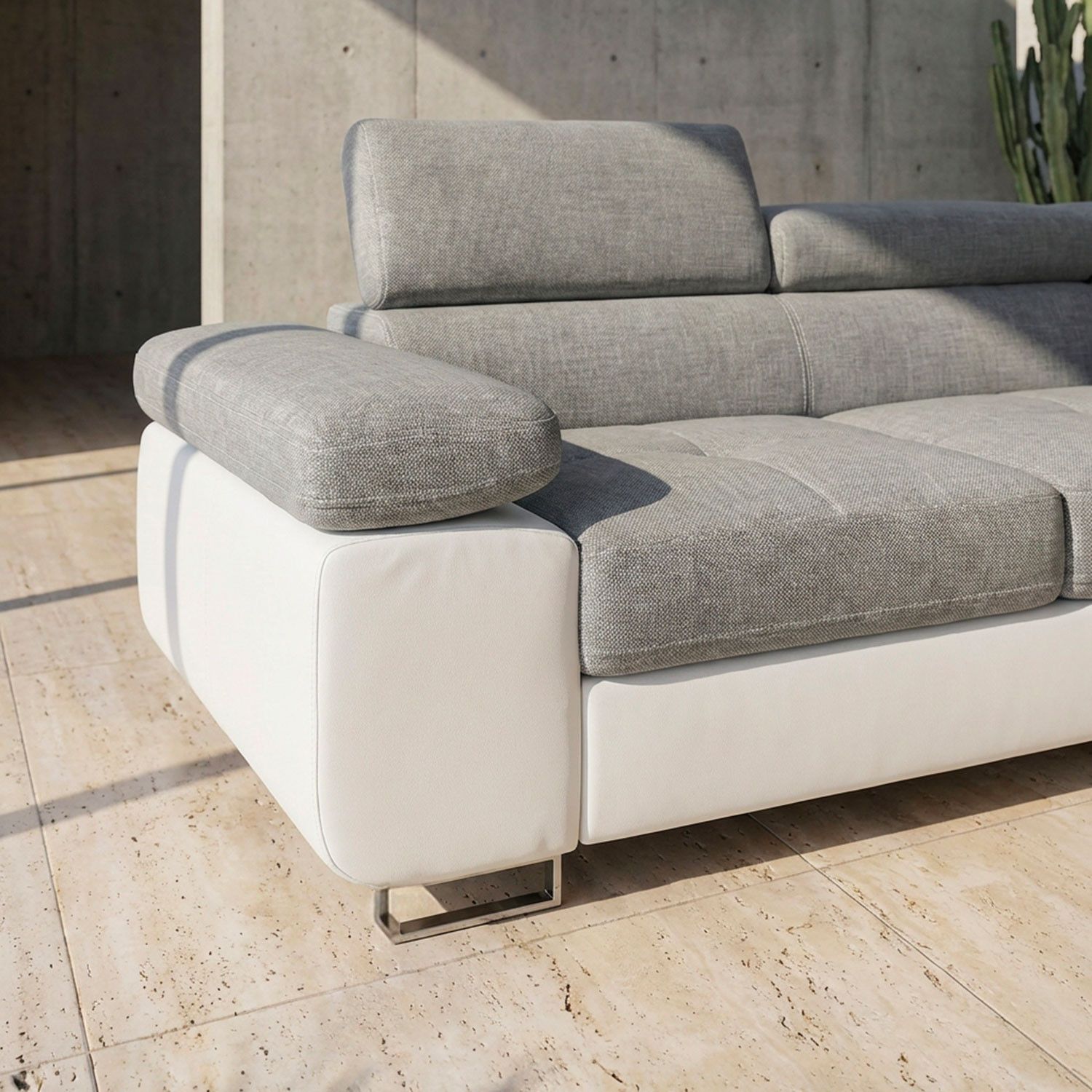 Canapé d'angle convertible Antoni avec têtières relevables angle à droite simili Blanc et tissus Gris clair - 5