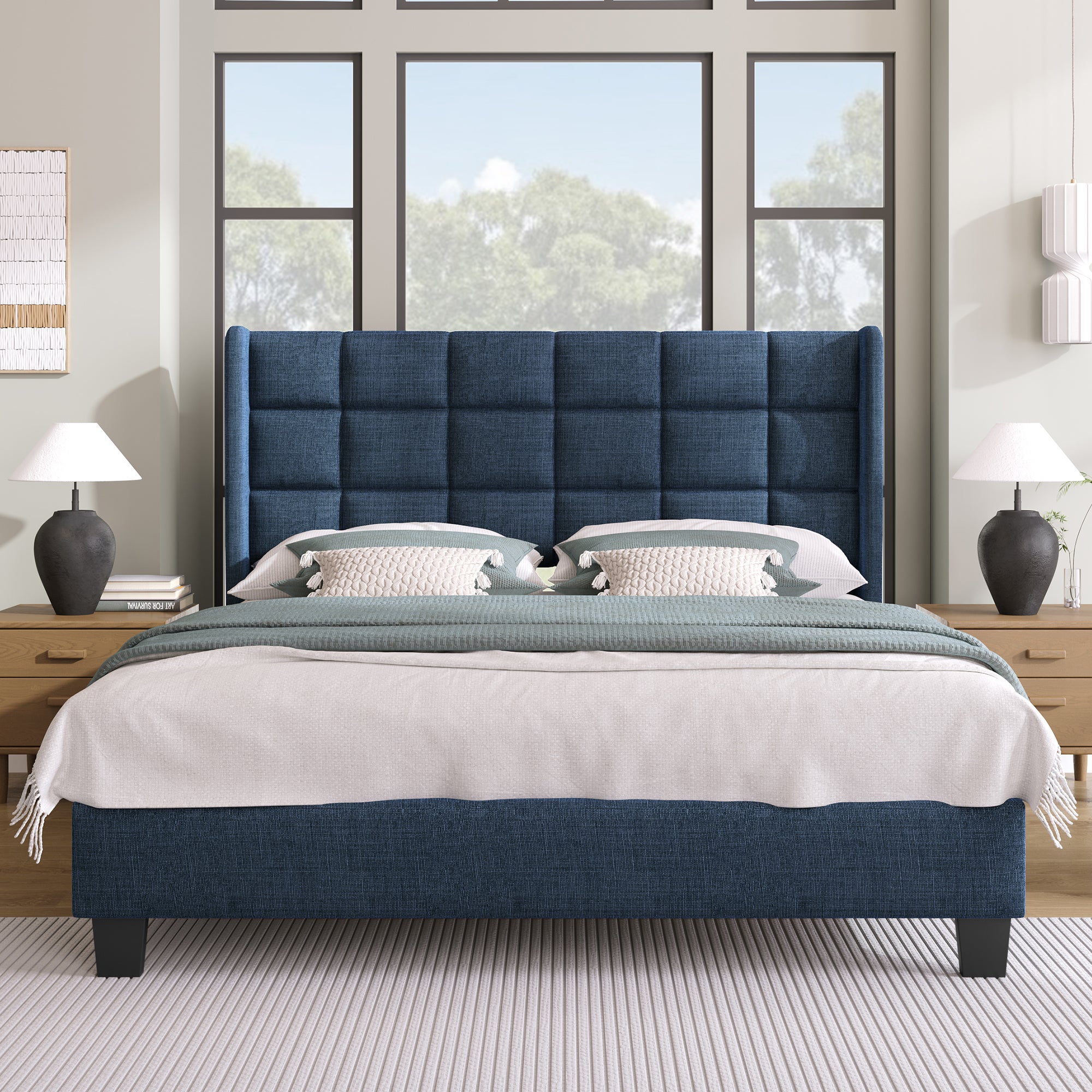 Cama estofada para adulto com cabeceira - 140 x 200 cm - tecido de linho - azul - 3