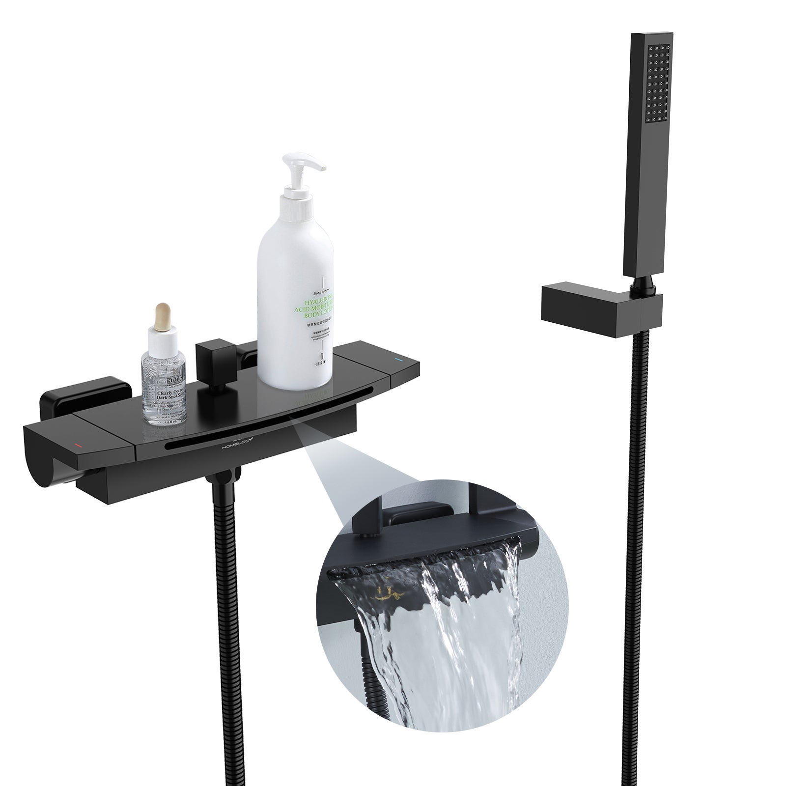 Mitigeur de Baignoire Cascade Robinet de Baignoire Mural avec Douchette à Main et Flexible de douche 1,5M, Laiton Noir Mat - 5