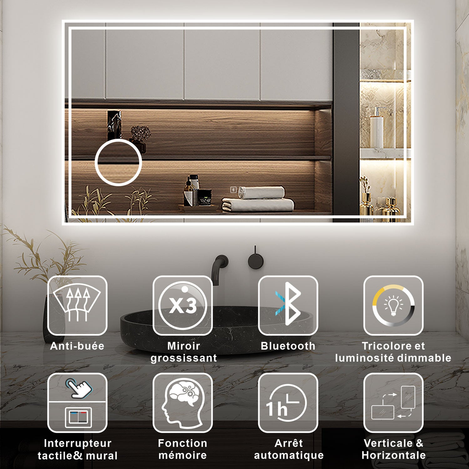 AICA Miroir lumineux 100 x 60cm, bluetooth + 3 couleurs + dimmable + grossissant + anti-buée + mémoire, miroir salle de bain mural - 2