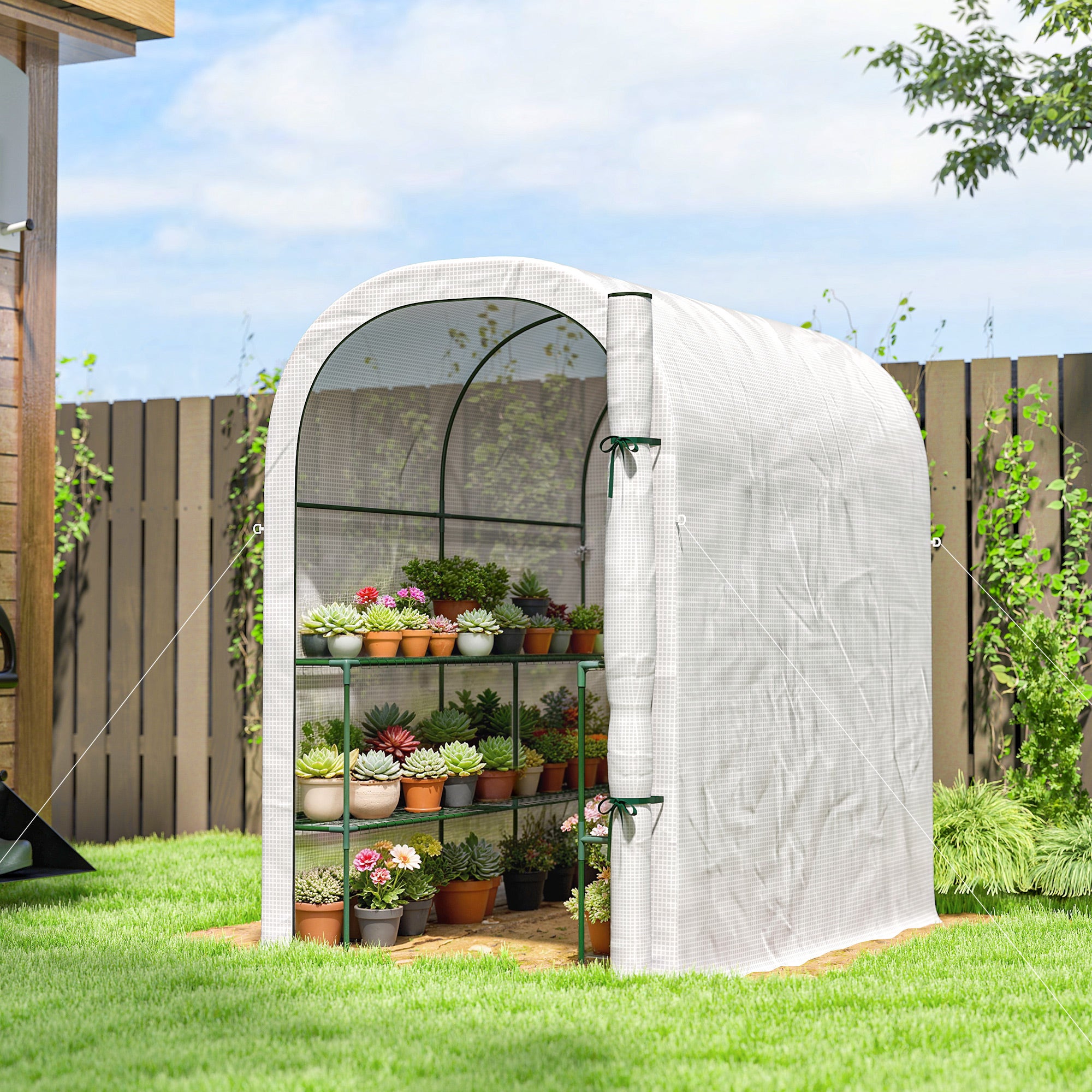 Serre de jardin avec étagères, 123x187x189cm, petite serre avec porte enroulable, bâche PE haute densité 140 g/m², blanc - 3