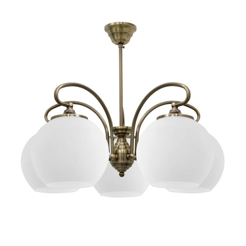 Lampa wisząca Orbit mosiądz-biała 5xE27x60W wym: 40 x 51 x 51 cm szkło Candellux