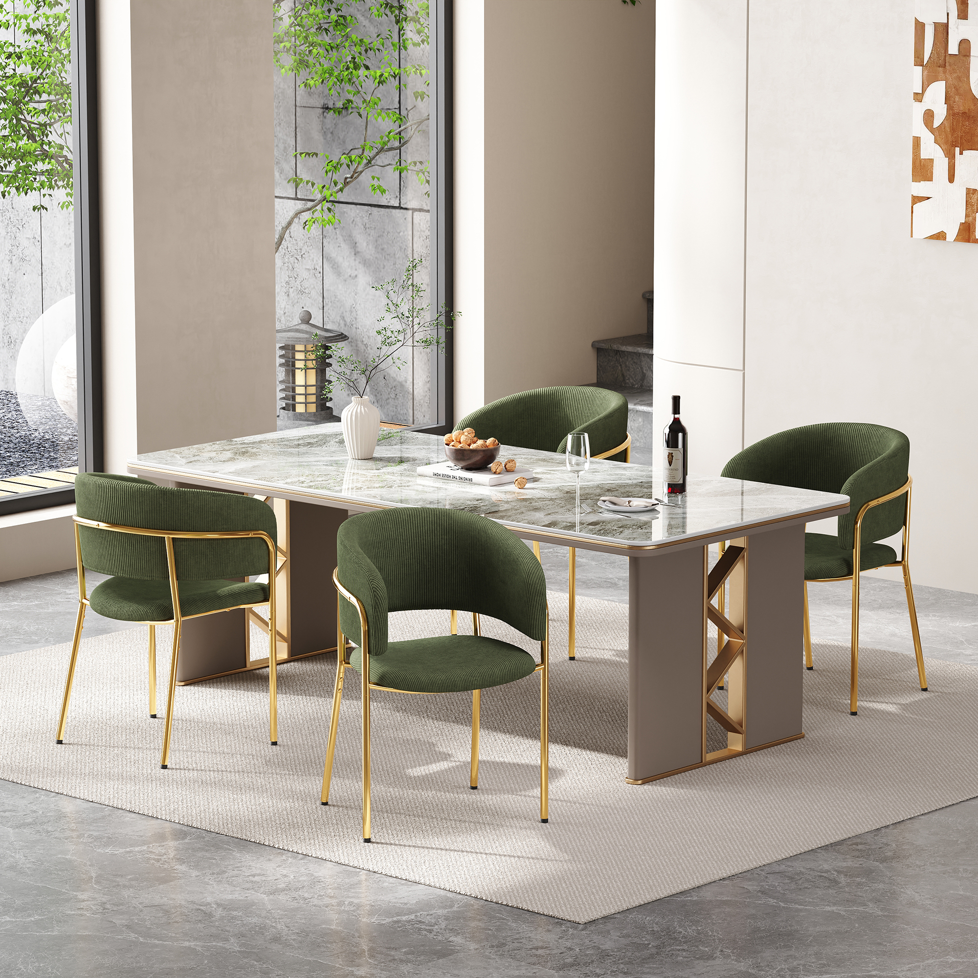 Komplet 4 krzeseł do jadalni z podłokietnikami - 55 x 55 x 80 cm - Kord i złote metalowe nogi - Zielony