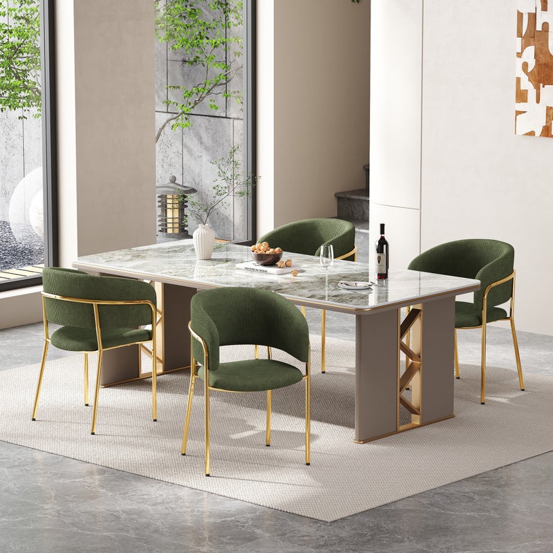 Komplet 4 krzeseł do jadalni z podłokietnikami - 55 x 55 x 80 cm - Kord i złote metalowe nogi - Zielony