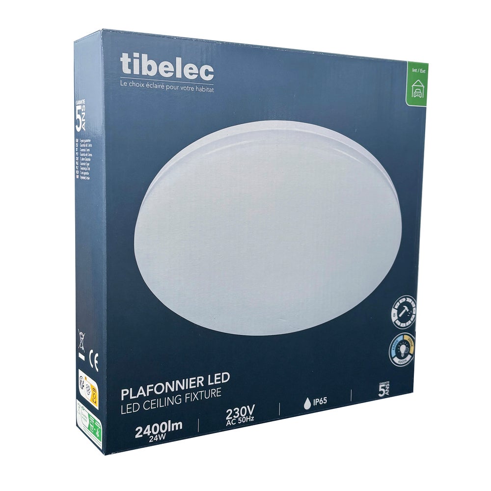 Hublot LED Rond Blanc, 24W, IP65, 2400 lumens, couleurs reglables 3000/4000/6500K, extra plat, puissant, garantie 5 ans - Tibelec - 5