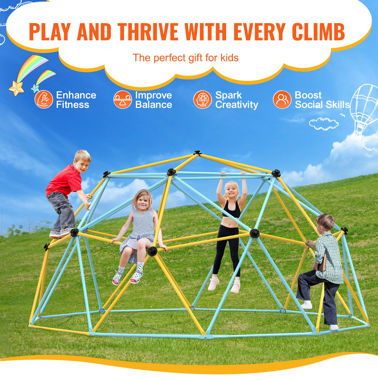 Dôme d'escalade 3 m,SucceBuy centre de jeu géométrique supportant 340 kg,pour enfants de 3 à 10 ans,assemblage facile,équipement extérieur jardin - 5