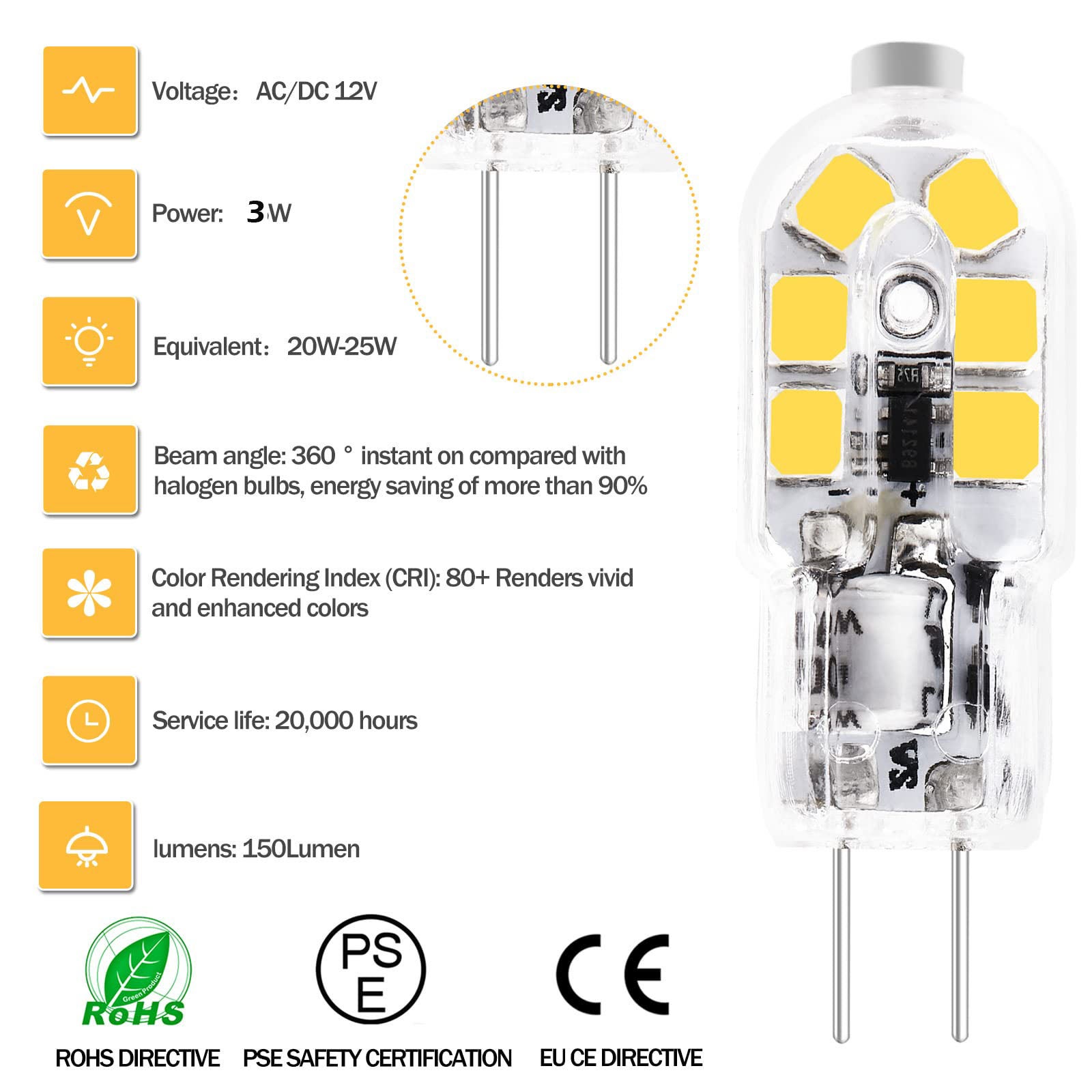 Ampoules LED G4 3W 12V - Équivalent 30W Halogène - Blanc Chaud 3000K - Dimmable - Pour Lustres Et éclairage