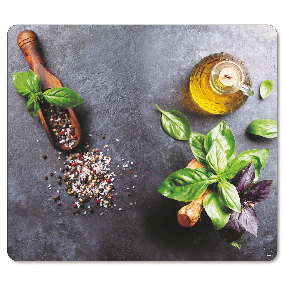 Plaque De Cuisson Et Découpe En Verre ESG - Motif Basilic - 56x50x0,8 Cm - 6 Pieds Antidérapants - 12