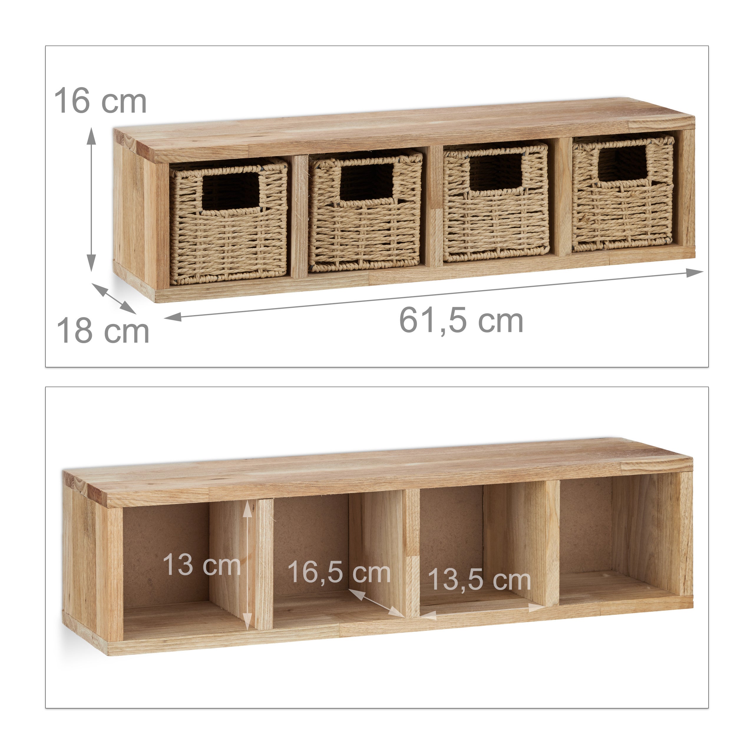 2x Etageres cube rangement, 8 paniers amovibles, corbeille bois noyer couloir chambre cuisine montage mural, nature - 4