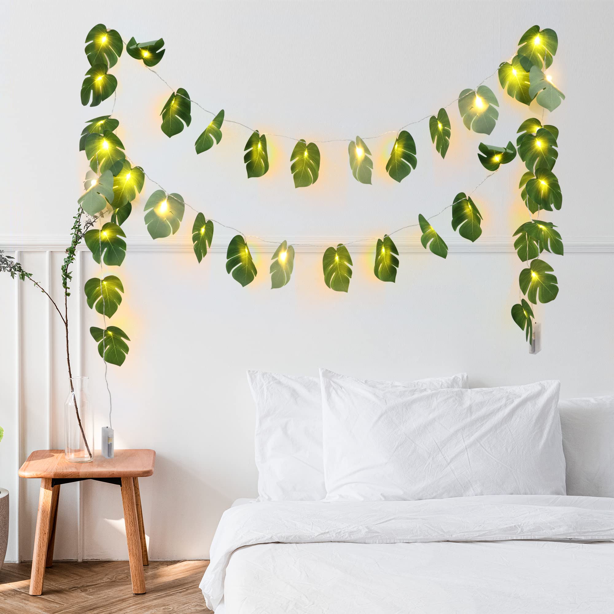 Lampa wisząca z liśćmi LED, 3m - 20LED, girlanda świetlna do sypialni w stylu dżungli, dekoracja hawajska wewnętrzna i zewnętrzna