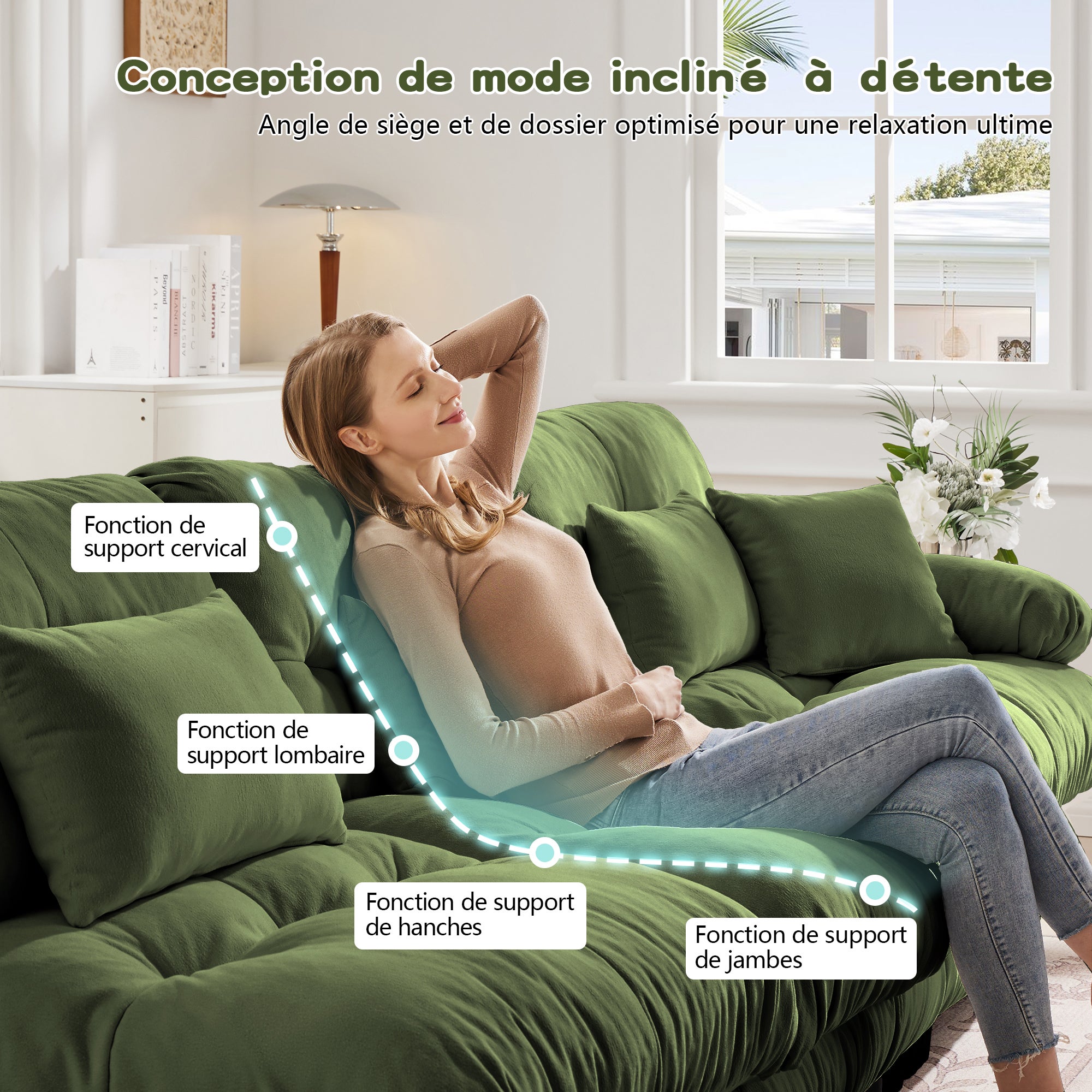 Canapé d'angle modulable, Canapé 3 places confortables avec pouf mobile,&nbsp;coussins décoratifs et lombaires inclus, Canapé U pour salon,&nbsp;chenille, Vert - 7