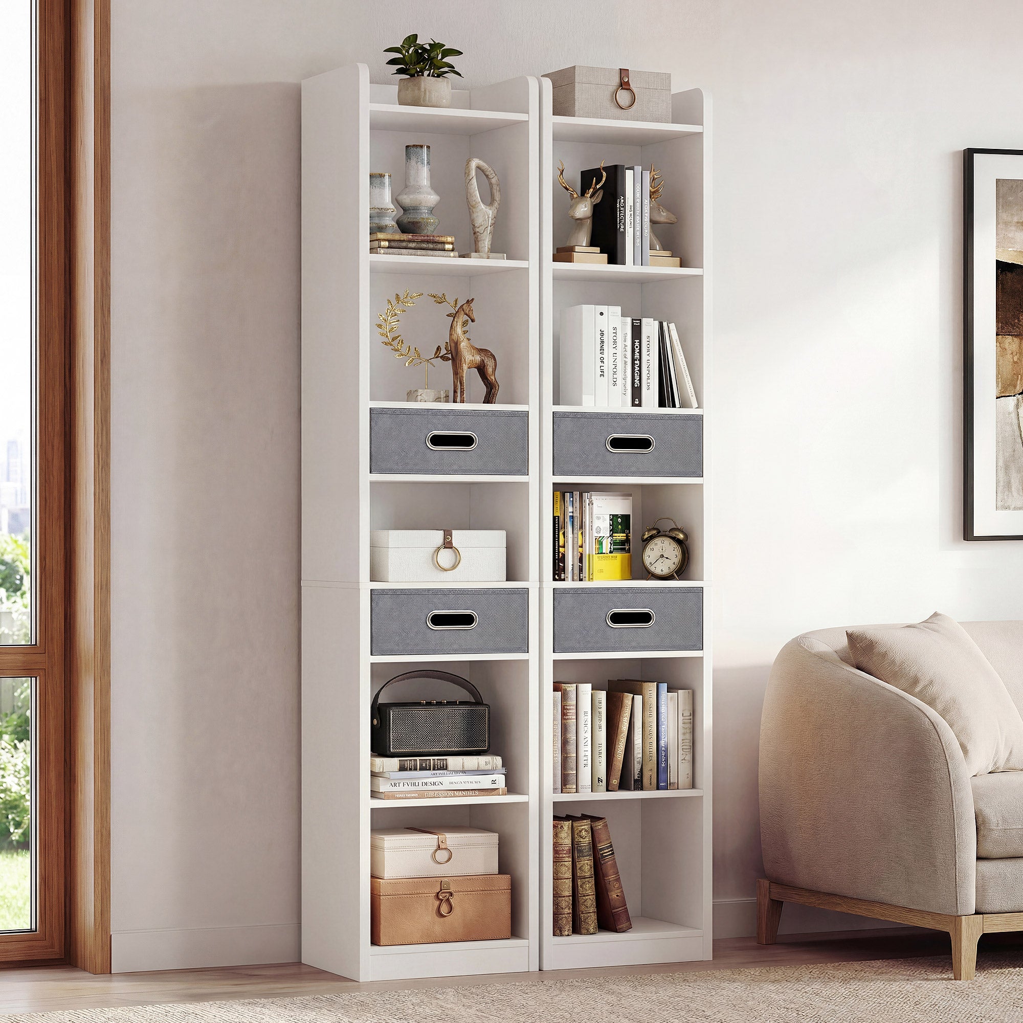 YITAHOME Librería Alta Estrecha 5 Niveles 2 Cajones Tela Blanca (30x24x180) - 4
