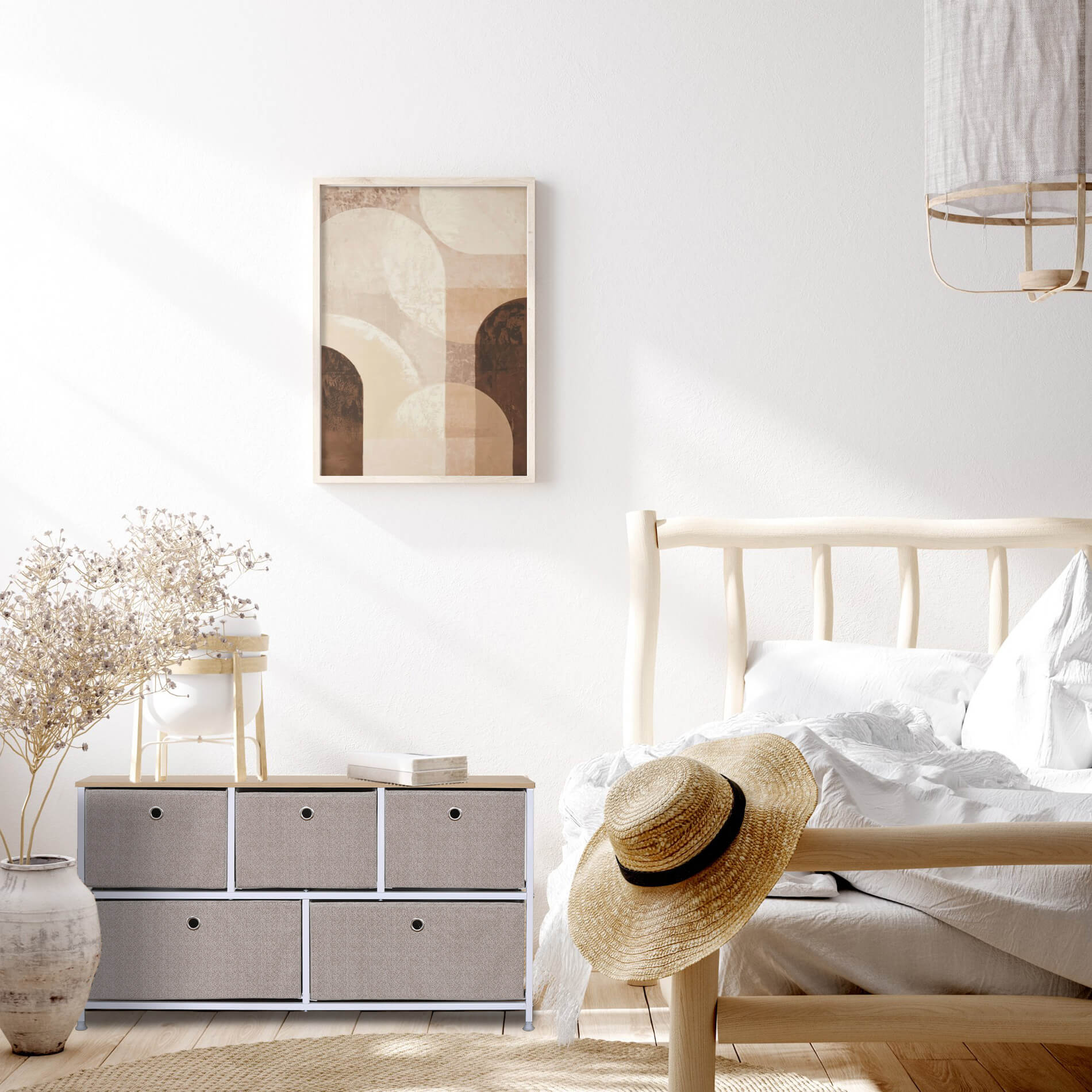 Meuble de rangement bas Rebecca Mobili Chiffonier à 5 tiroirs en metal et tissu blanc beige - 8