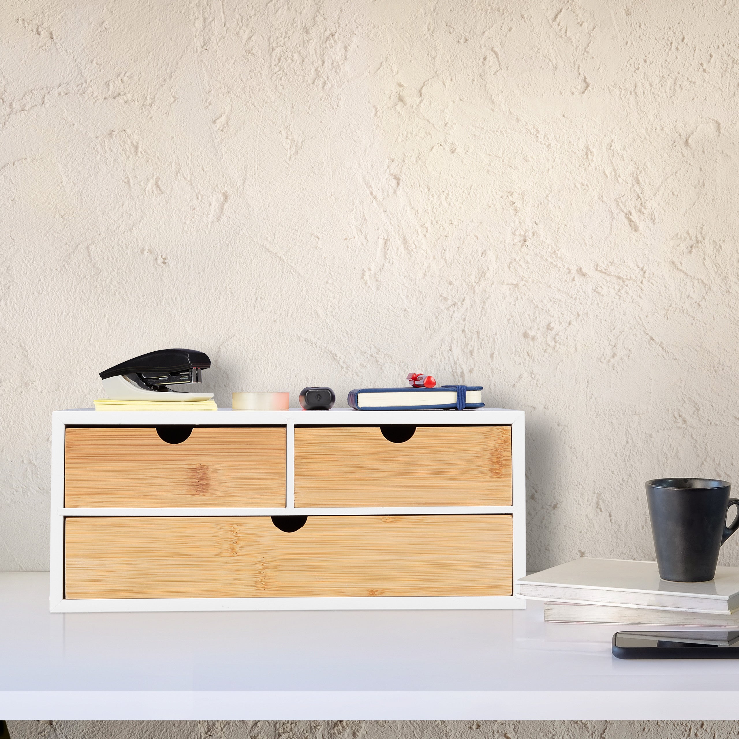 Mini Commode 3 Tiroirs En Bambou Et MDF - 14,5x25x20 Cm | Organisateur Pour Bureau, Maquillage Ou Bricolage - 5