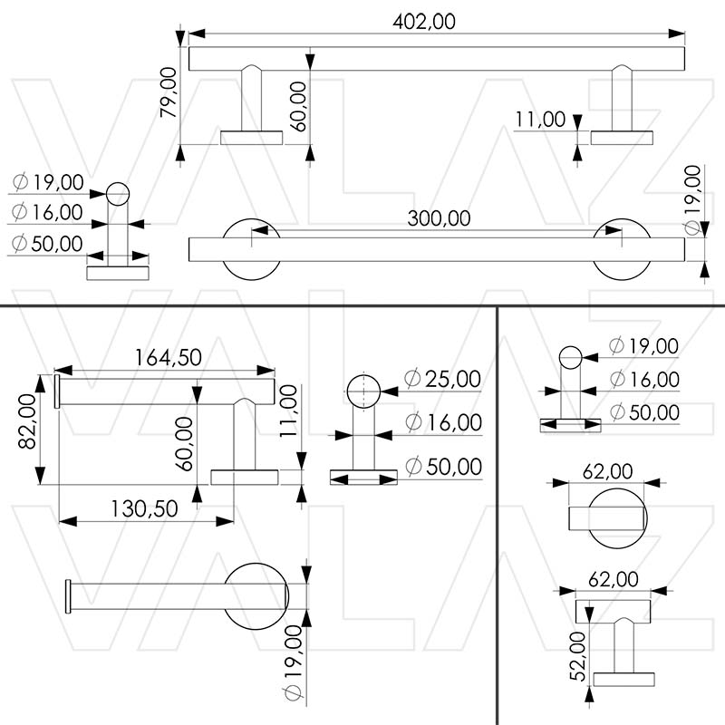 Valaz Accesorios de baño en cromado Toallero 40cm+ Percha+ Portarollos - 3Perchas - 2