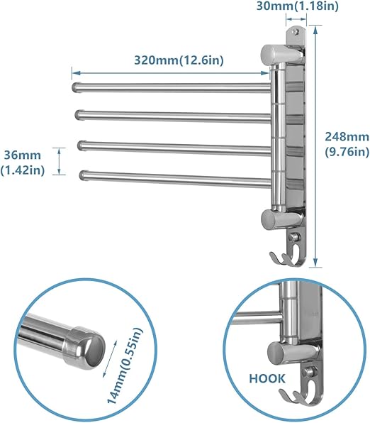 Ahlsen Porte-Serviettes Salle De Bain, Murale Sèche-Serviettes Avec 4 Barres 180rotatives Aluminium Serviette Barre Pivotant Avec Crochet Pour Cuisine Lavabo Toilettes Hotel Noir 85242067