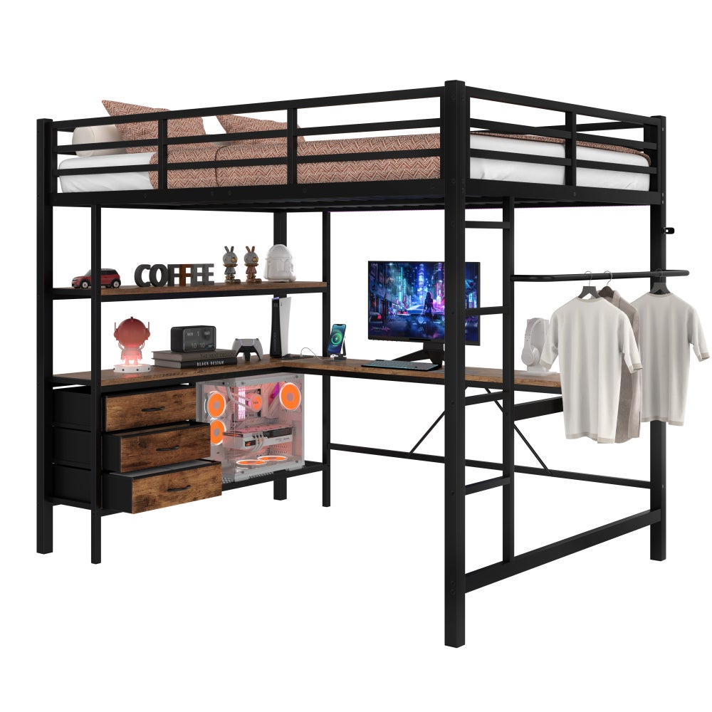 Lit mezzanine 140 x 200 cm avec éclairage LED, bureau, port USB, 3 ...