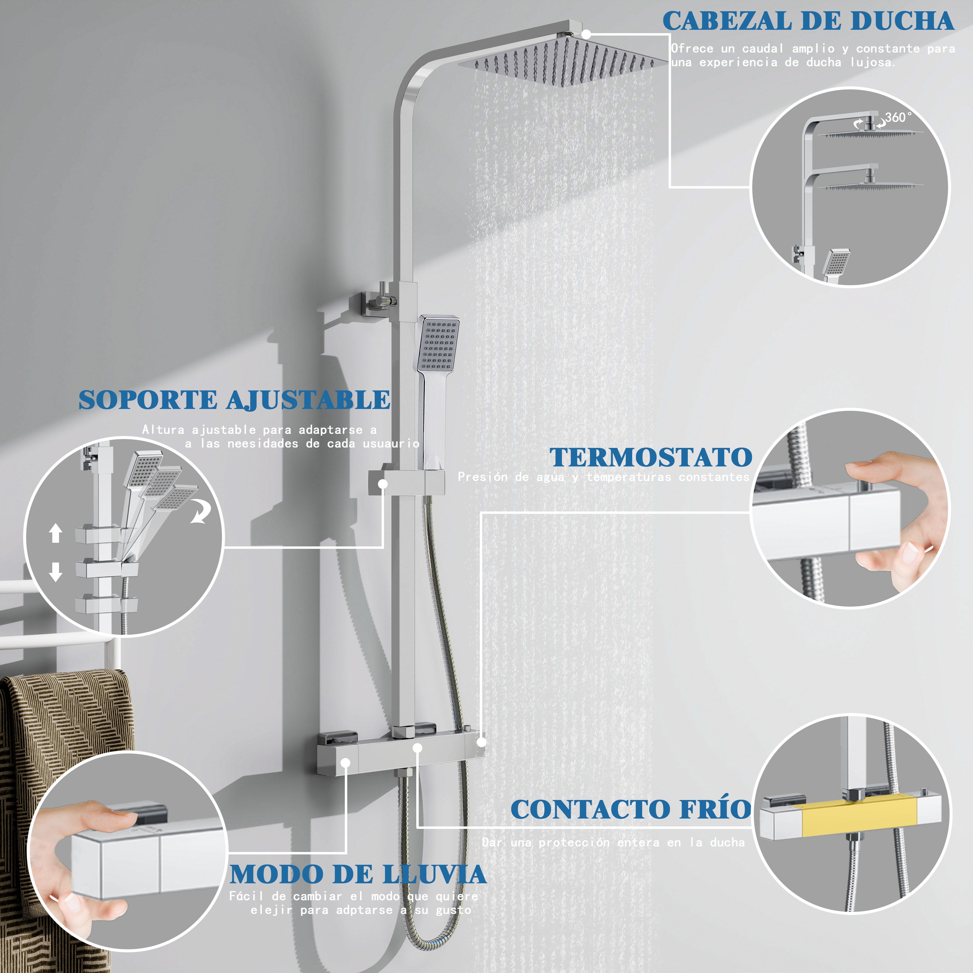 Aica Coluna de Chuveiro Termostática com chuveiro de mão cromado chuveiro de chuva acabamento brilhante barra ajustável - 4