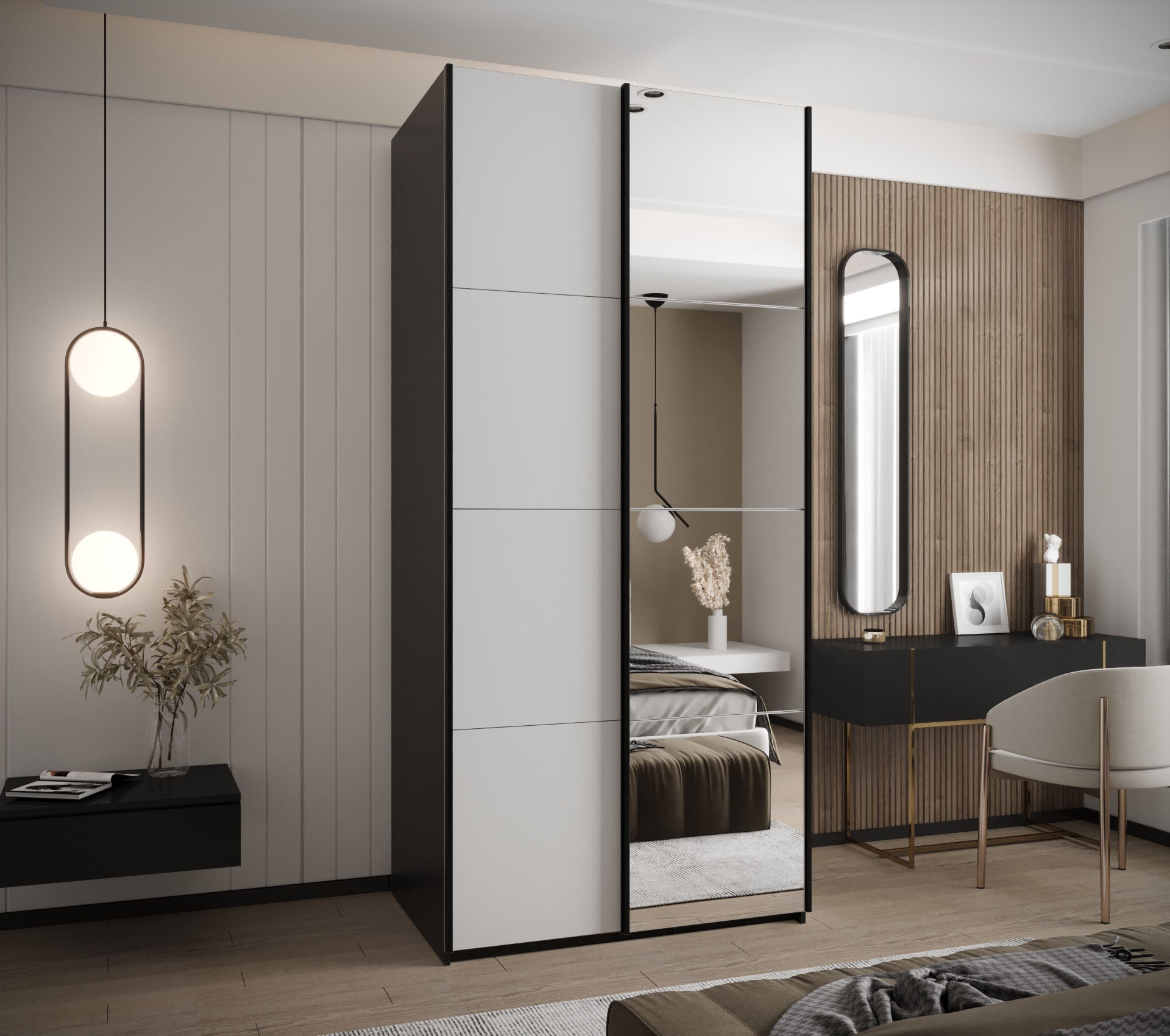 Szafa przesuwna wysoka Lux 3 110 x 64 x 245,5 cm czarny + biały + u. czarny - Abiks Meble - 2