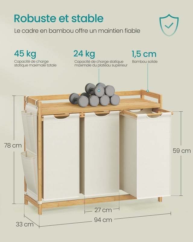 Panier à Linge, avec 3 Compartiments, Corbeille à Linge Sale, Capacité de 150 Litres, avec Étagère, 3 x 50 L, 94 x 33 x 78 cm, Blanc Crème - 4