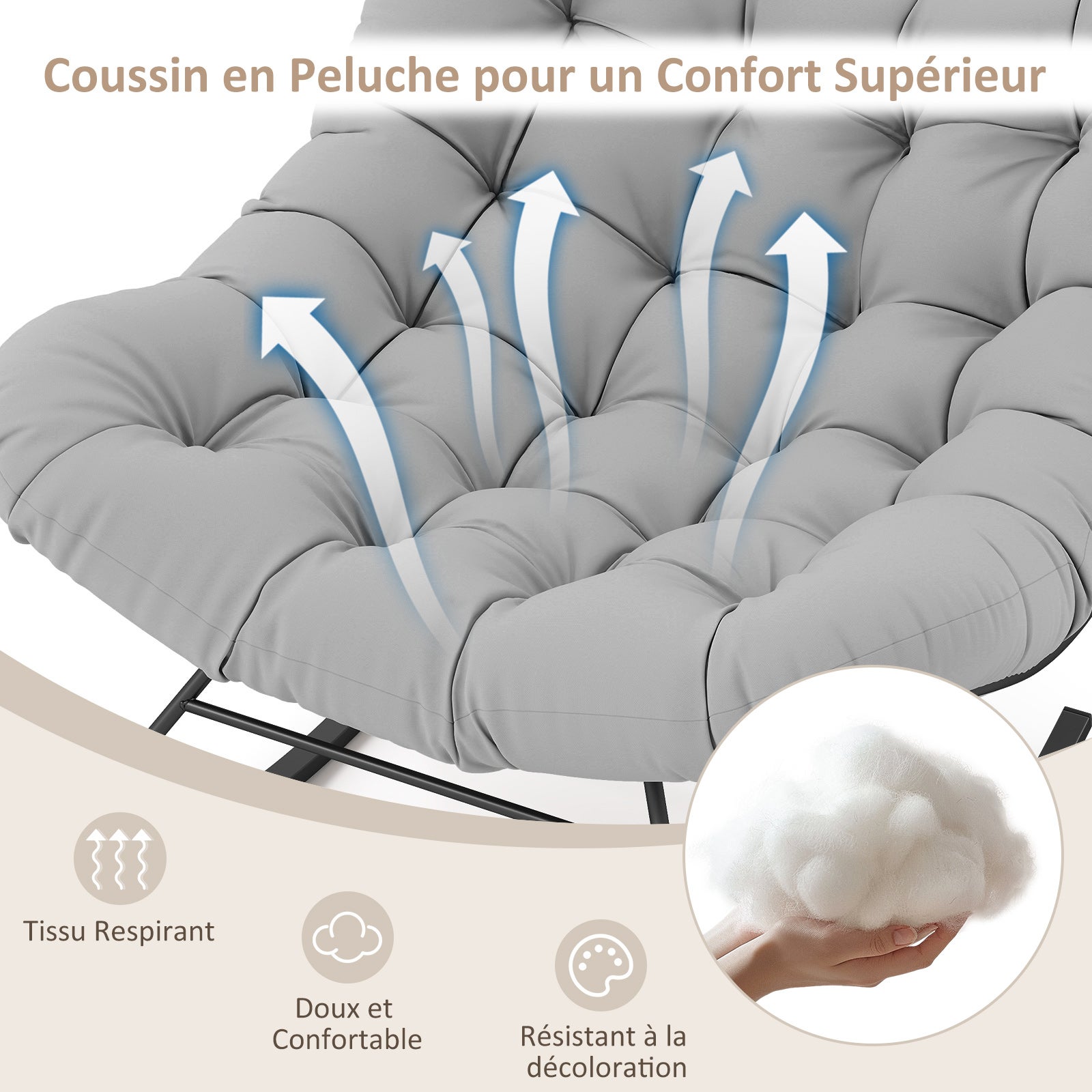 Fauteuil à Bascule Forme Œuf Intérieur & Extérieur, Chaise Papasan Surdimensionnée avec Coussin Rembourré, Cadre en Métal, , Charge 205 kg, Gris Clair - 3