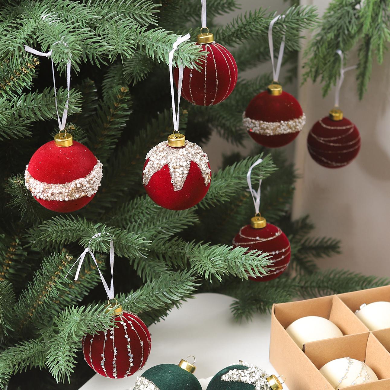 Lot de 12 boules de Noël floquées rouges, boules suspendues pour arbre de Noël, décoration de scène, décorations suspendues DIY, fête de fin d'année - 7
