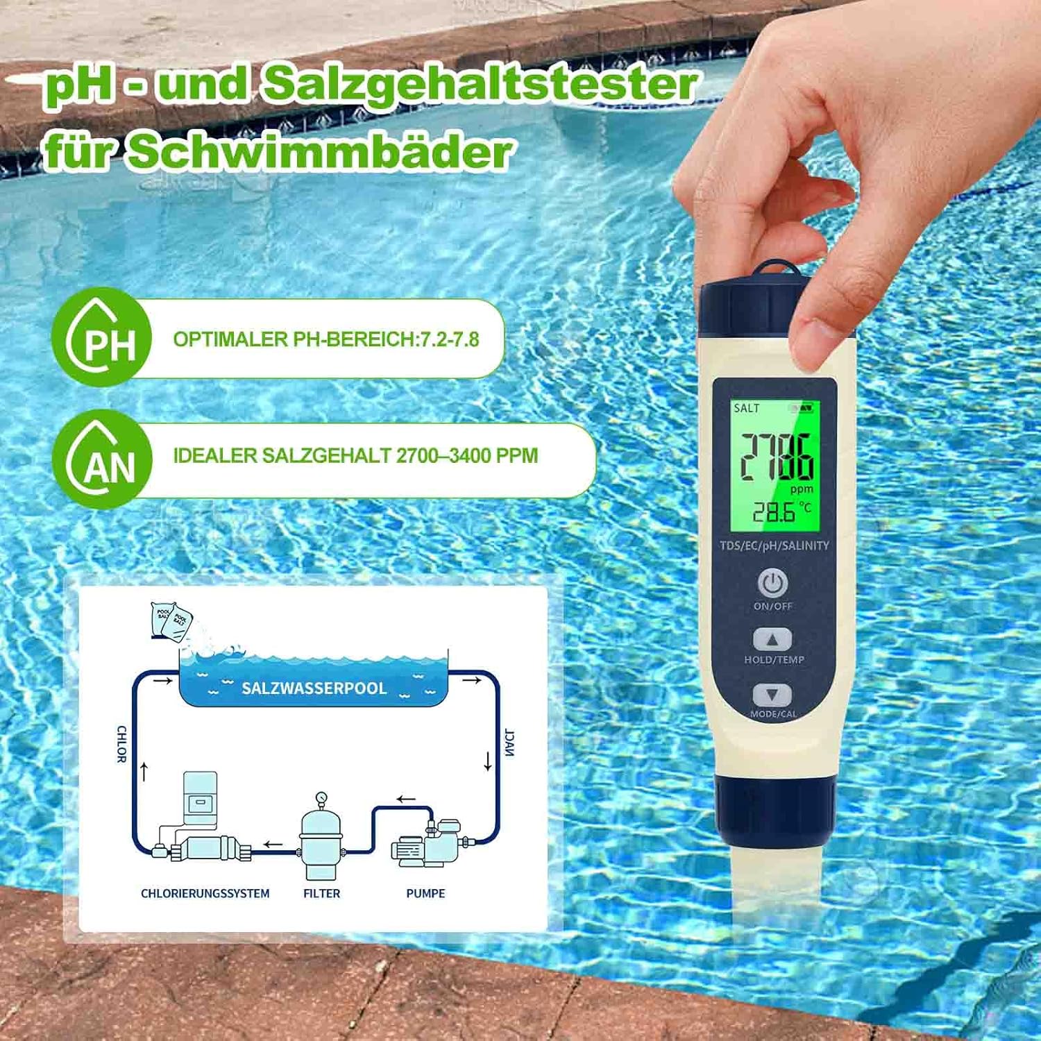 Testeur de pH 5 en 1 avec écran LCD, pH/TDS/EC/salinité/thermomètre,testeur d'eau de haute précision - 3