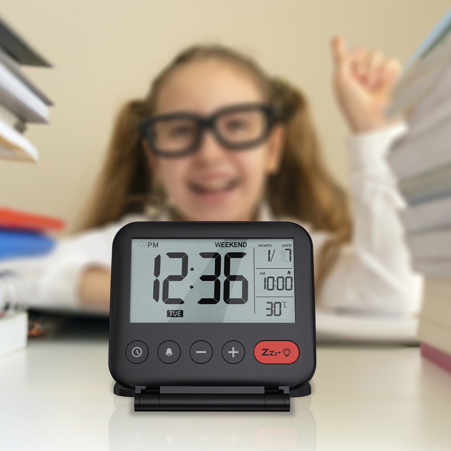 Réveil de voyage Mini portable LCD numérique avec calendrier rétroéclairé, affichage de la température 12/24h, miroir de maquillage, petit réveil de - 5