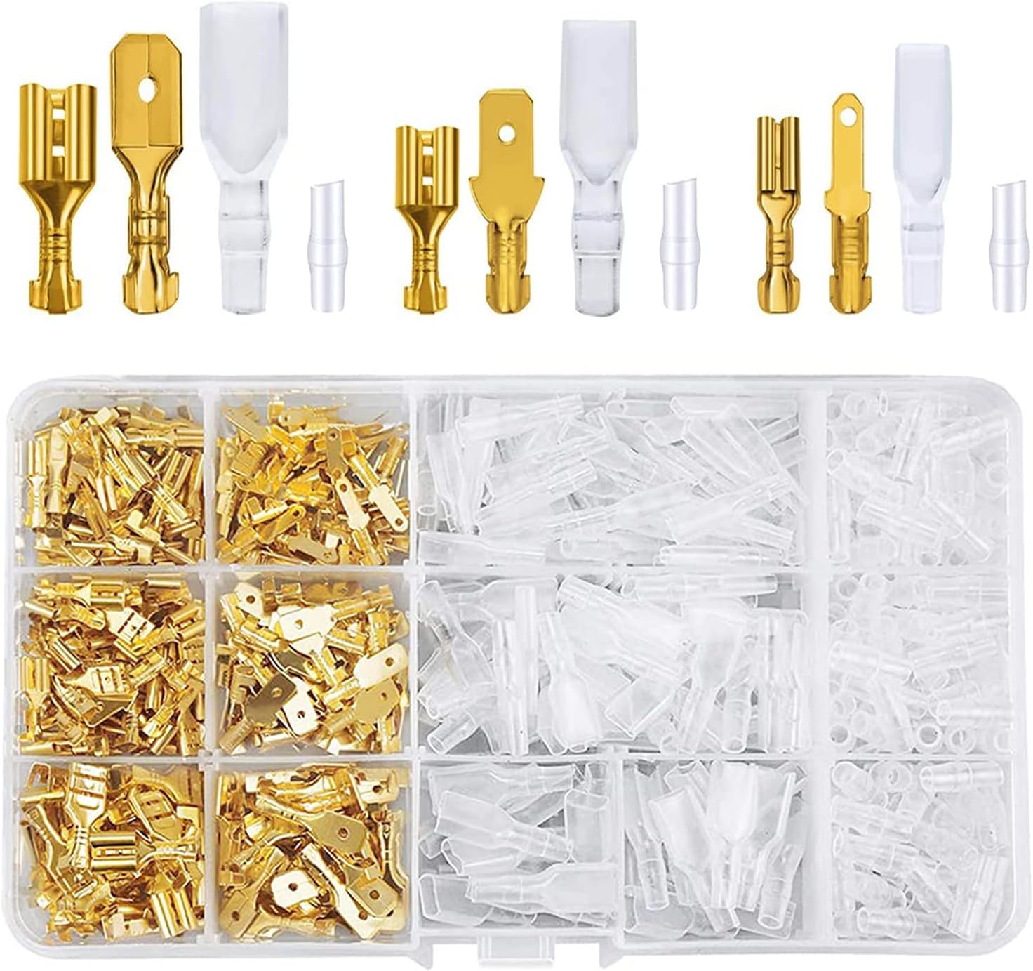 Cosse Electriques, Zestaw 450 płaskich tulejek 2,8 mm 4,8 mm 6,3 mm Złącza męskie i żeńskie z osłoną ochronną (złote)