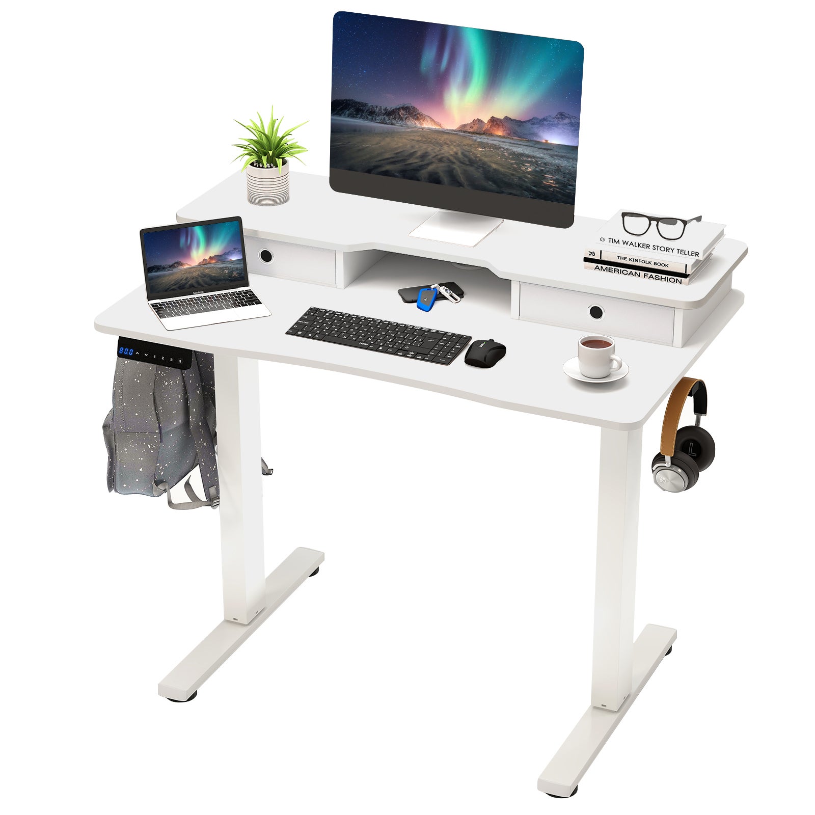 Biurko z regulacją wysokości, elektryczne biurko komputerowe 100 x 60 cm, szuflady, półki i 2 haczyki, biurko stojące do siedzenia do domu i biura