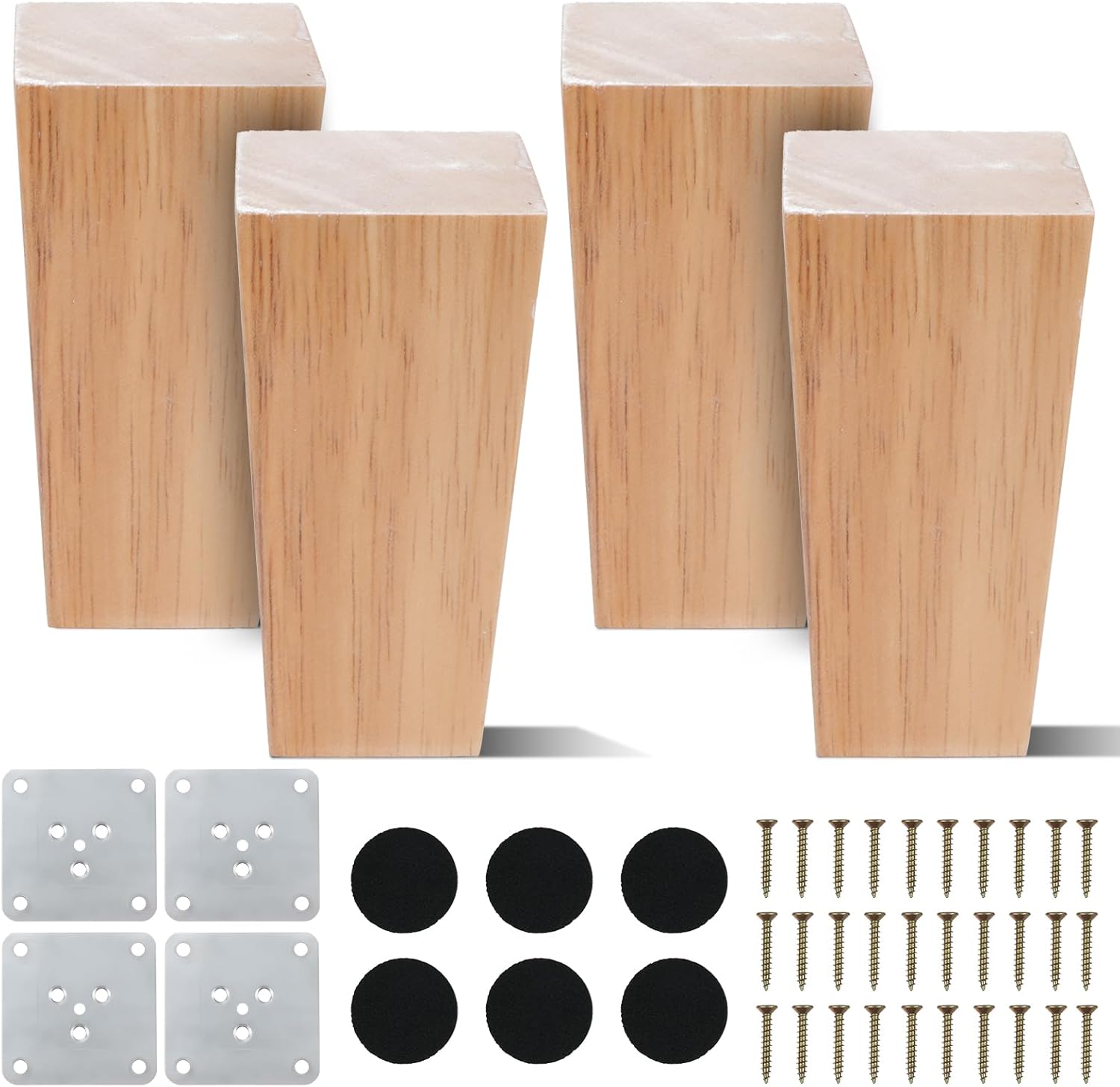 Set de 4 picioare pătrate din lemn masiv, 10 cm, pentru mese, canapele, paturi, bănci, fotolii, dulapuri și televizoare. Include plăci de montare 4buc