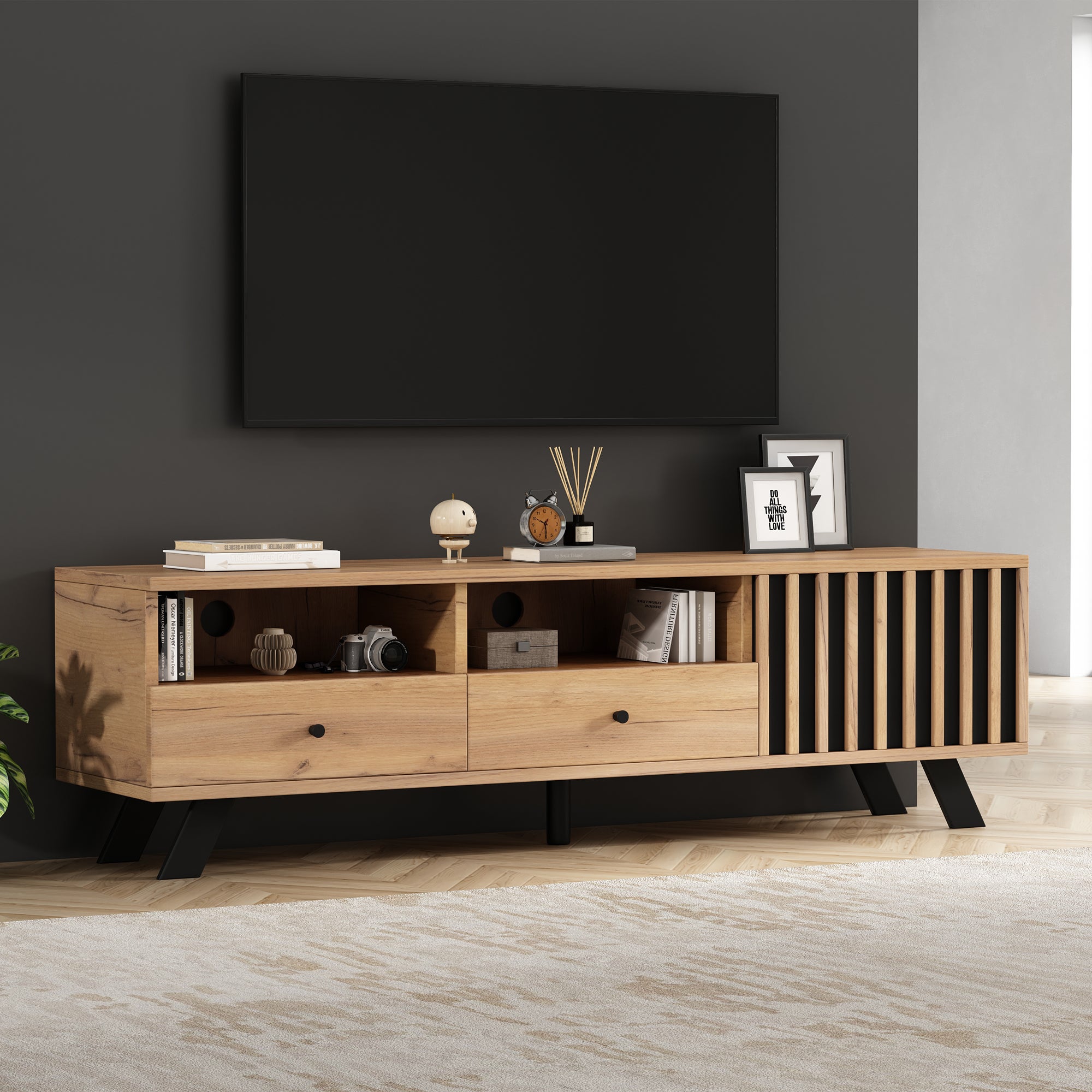 Meuble TV avec 2 tiroirs, 2 compartiments et 1 porte - 150 x 38 x 44 cm - Panneau de particules - Bois naturel - 6