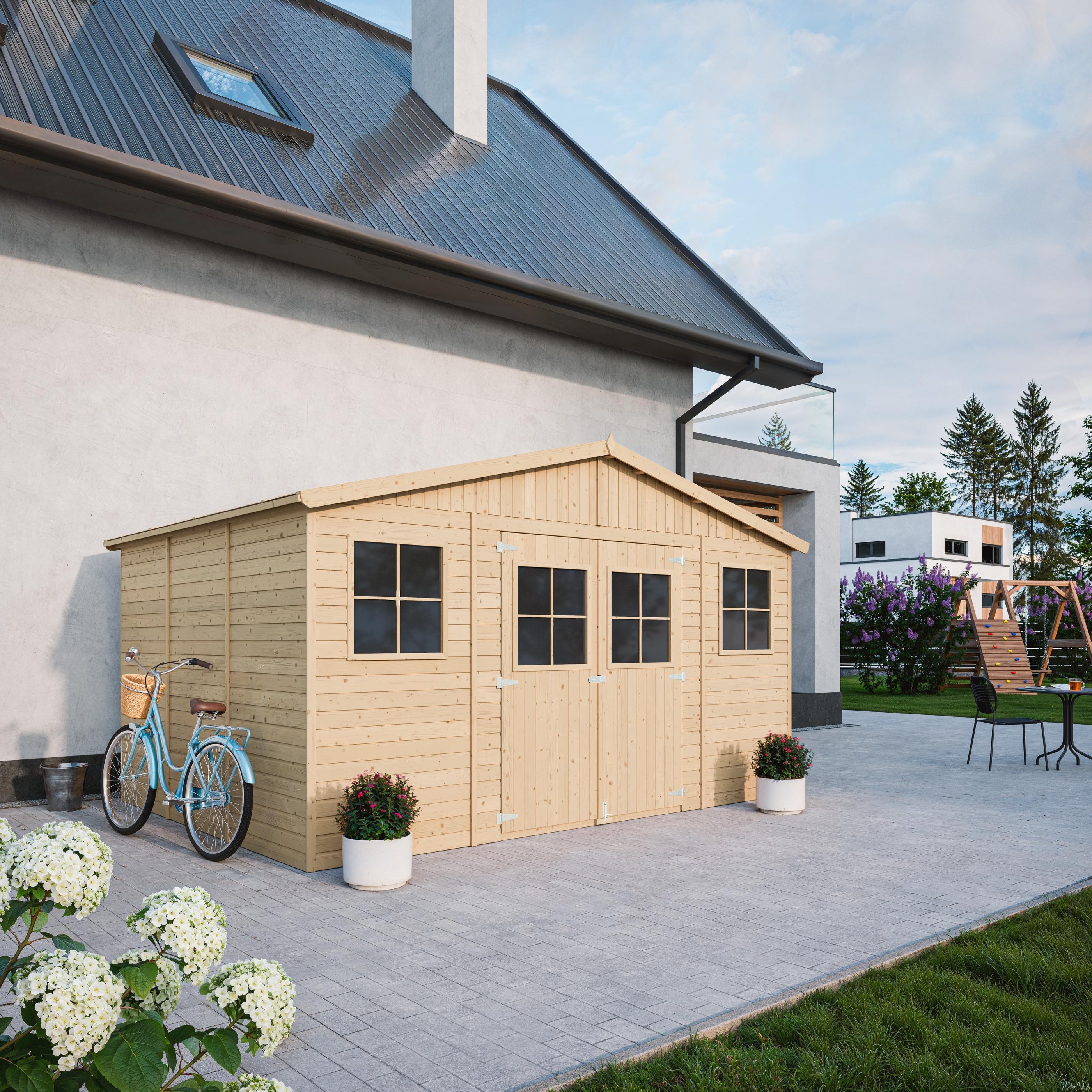 Cobertizo de madera para jardín con base - 418x318cm/12m2 Cobertizo de madera natural - Taller de Jardín - TIMBELA M331+M331G - 5